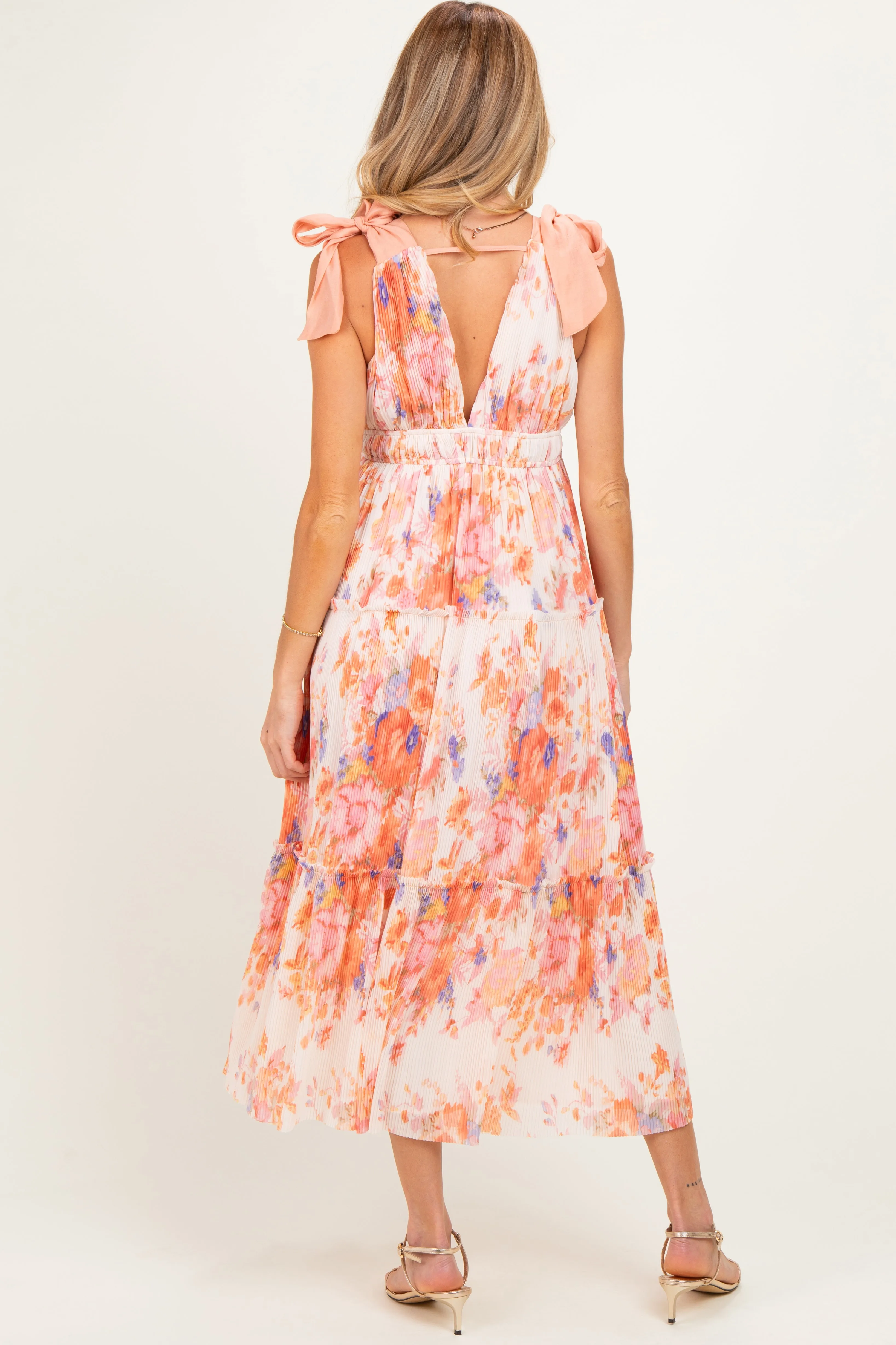 Peach Floral Plisse Shoulder Tie Maternity Dress sold by Pinkblush product image thumbnail 4
