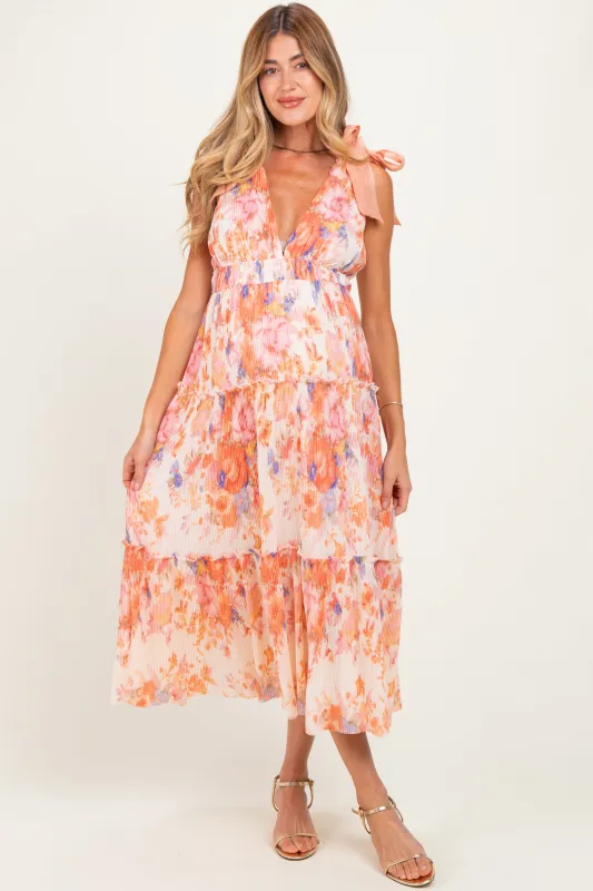 Peach Floral Plisse Shoulder Tie Maternity Dress made by Storia