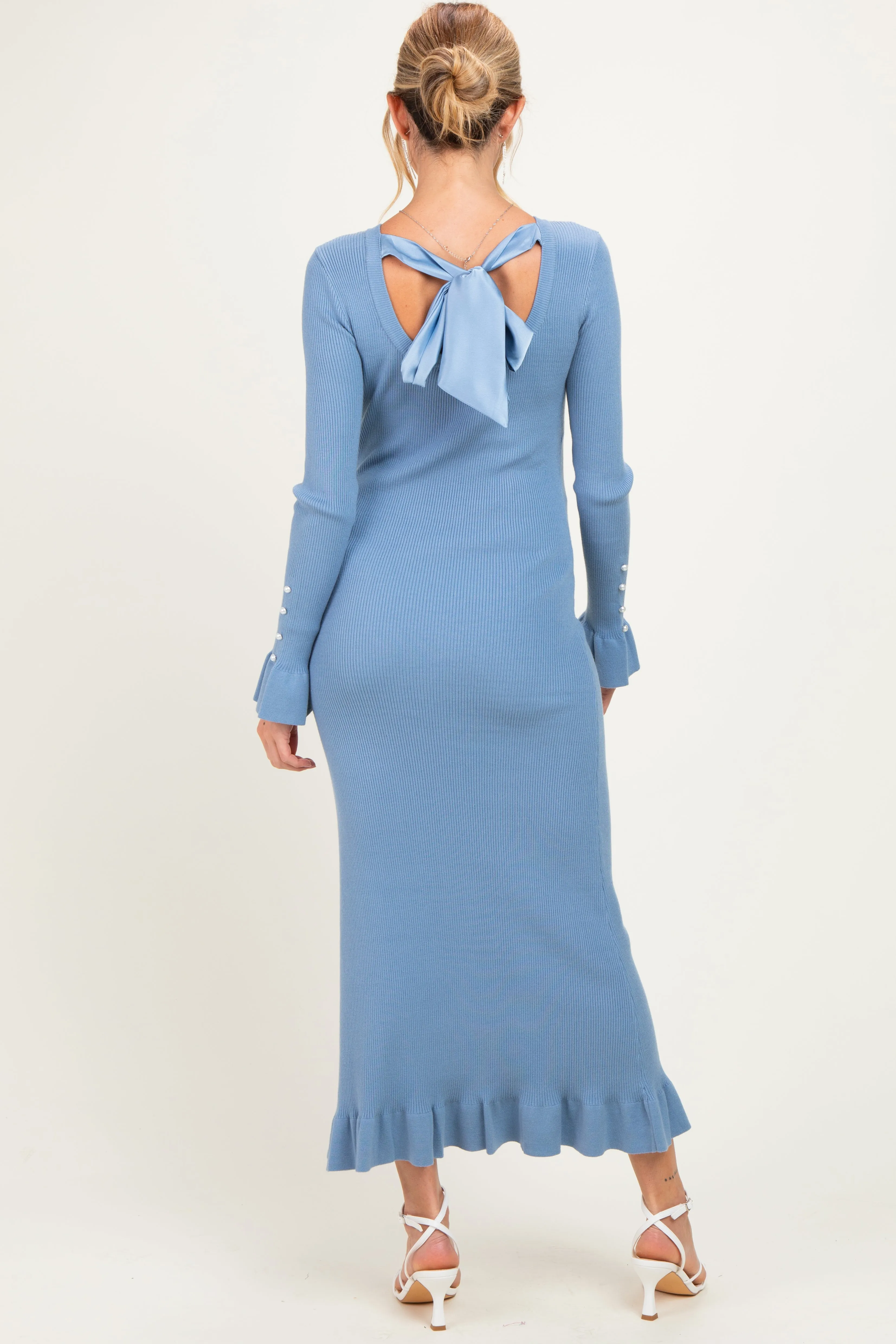Denim Ribbed Knit Bow Back Maternity Maxi Dress sold by Pinkblush product image thumbnail 4