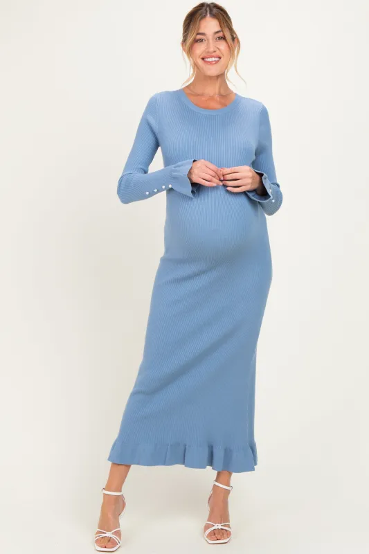 Denim Ribbed Knit Bow Back Maternity Maxi Dress made by Able