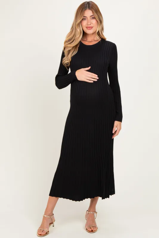 Black Ribbed Long Sleeve Maternity Sweater Midi Dress made by Able