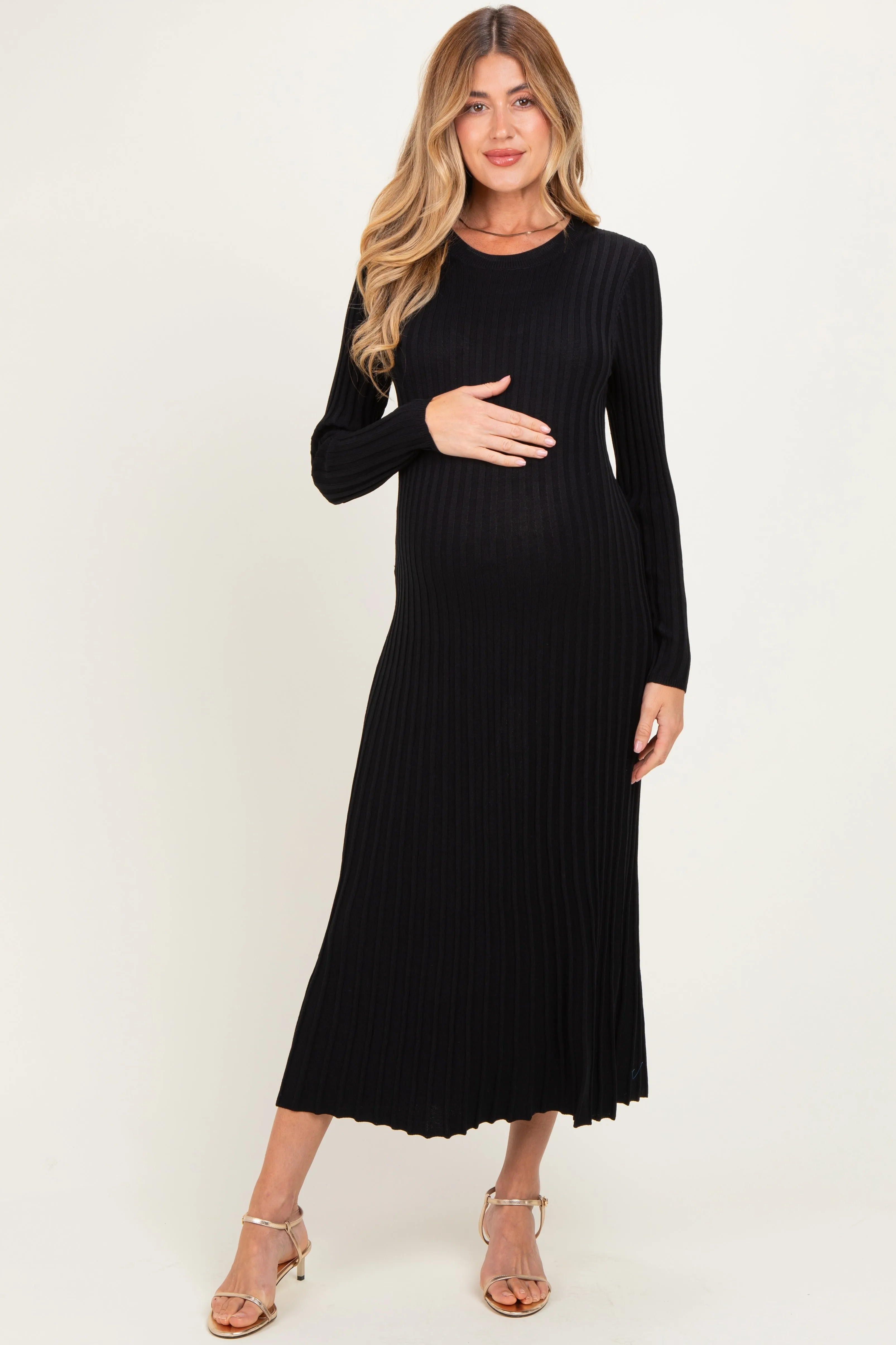 Black Ribbed Long Sleeve Maternity Sweater Midi Dress sold by Pinkblush