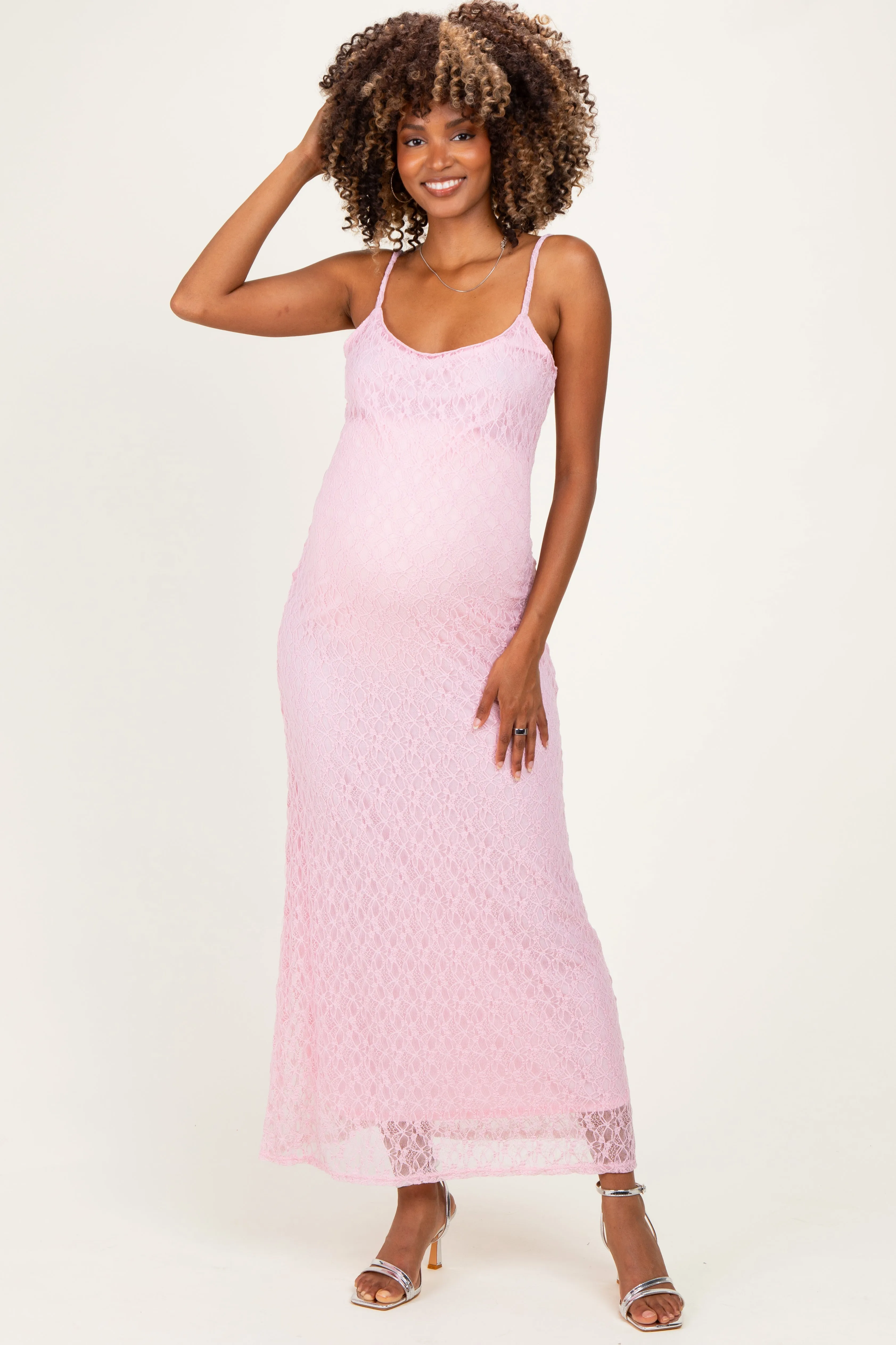 Pink Sleeveless Lace Square Neck Maternity Maxi Dress sold by Pinkblush