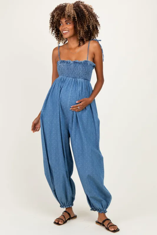 Blue Polka Dot Printed Maternity Jumpsuit made by Klesis