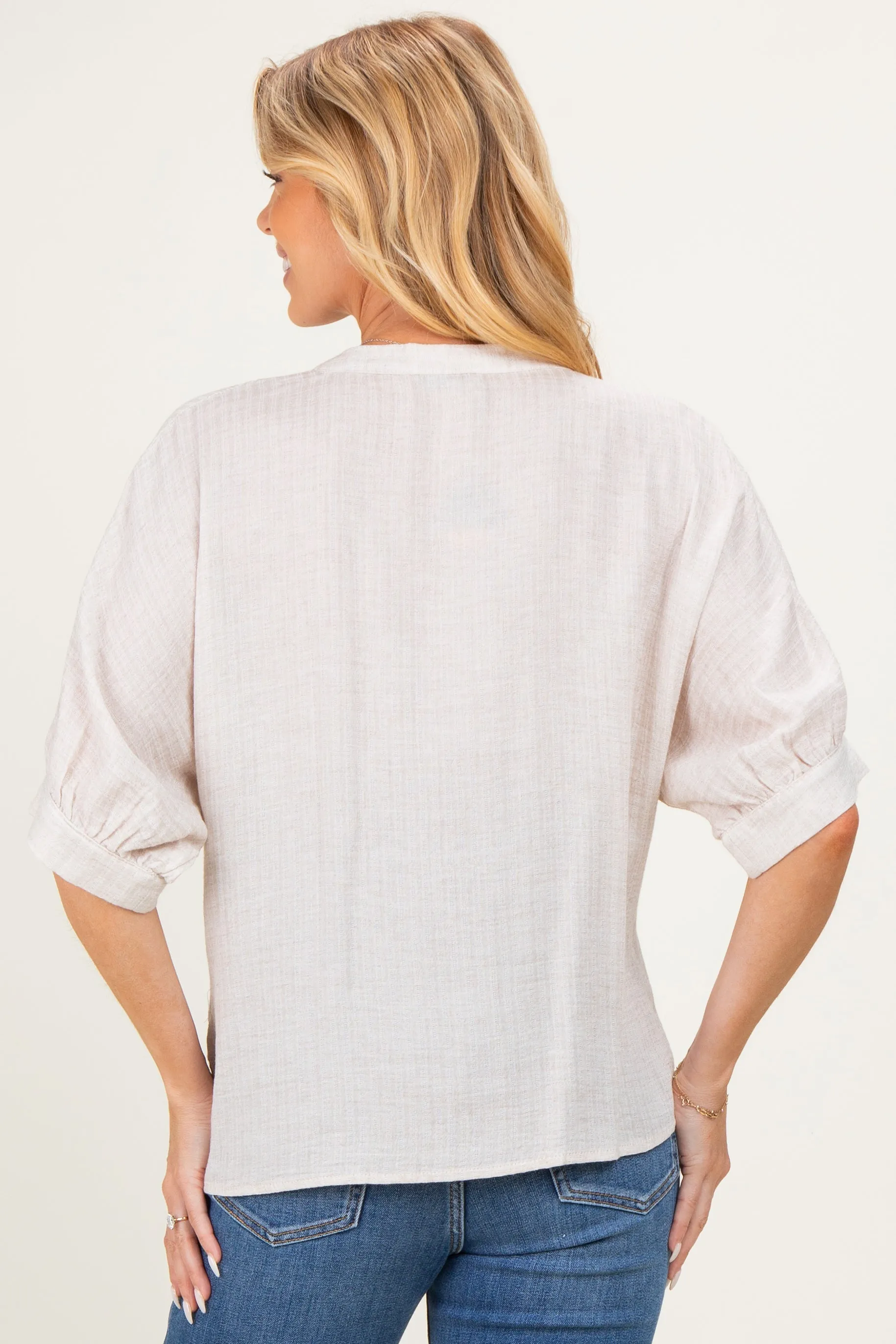Oatmeal Button Down 3/4 Sleeve Maternity Blouse sold by Pinkblush product image thumbnail 4