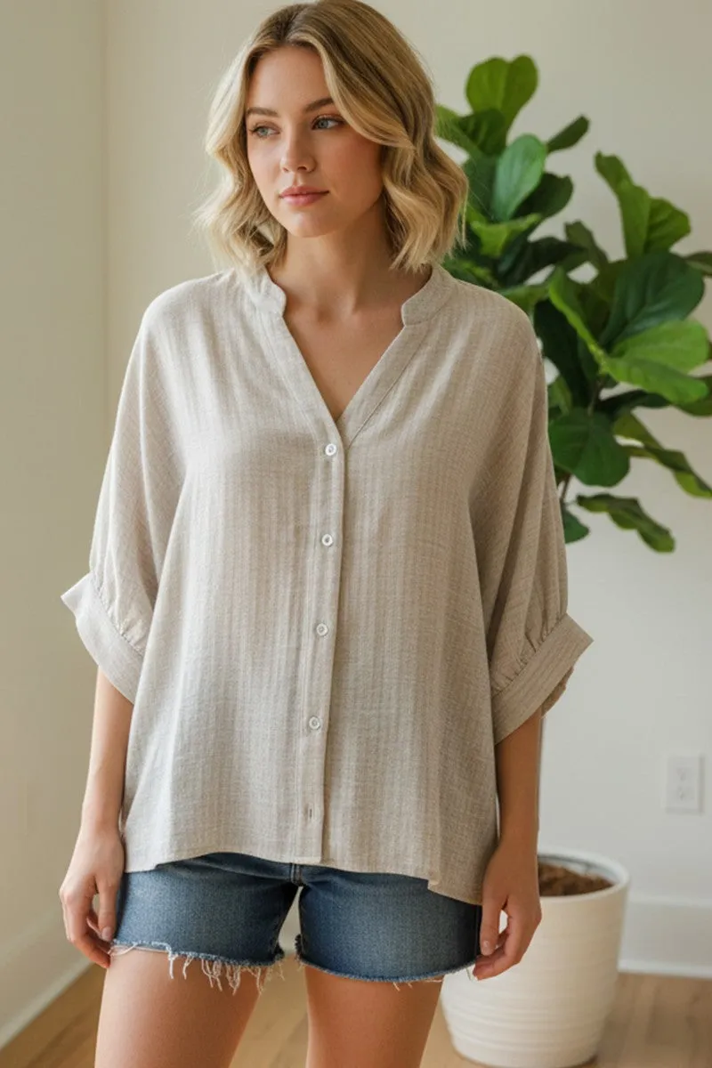 Oatmeal Button Down 3/4 Sleeve Maternity Blouse sold by Pinkblush product image thumbnail 5