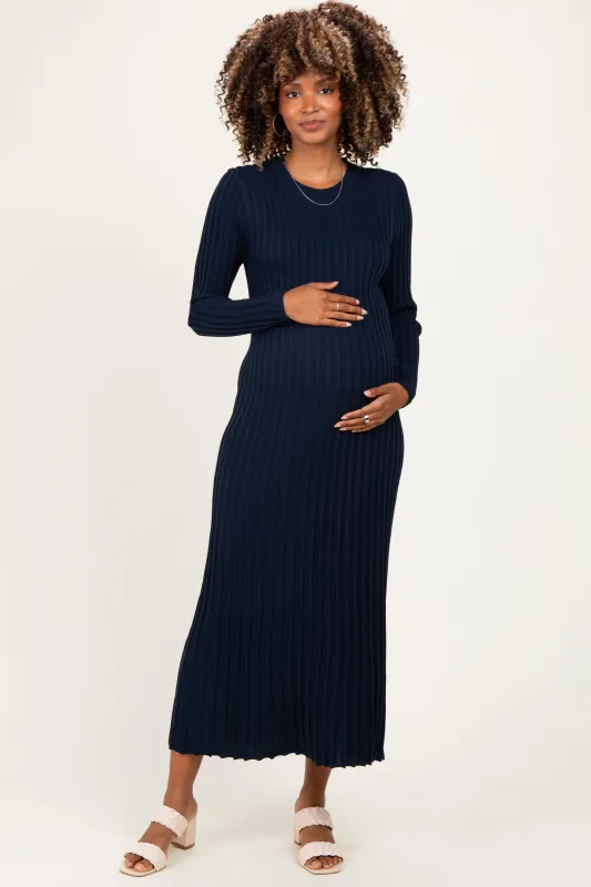 Navy Ribbed Long Sleeve Maternity Sweater Midi Dress made by Able