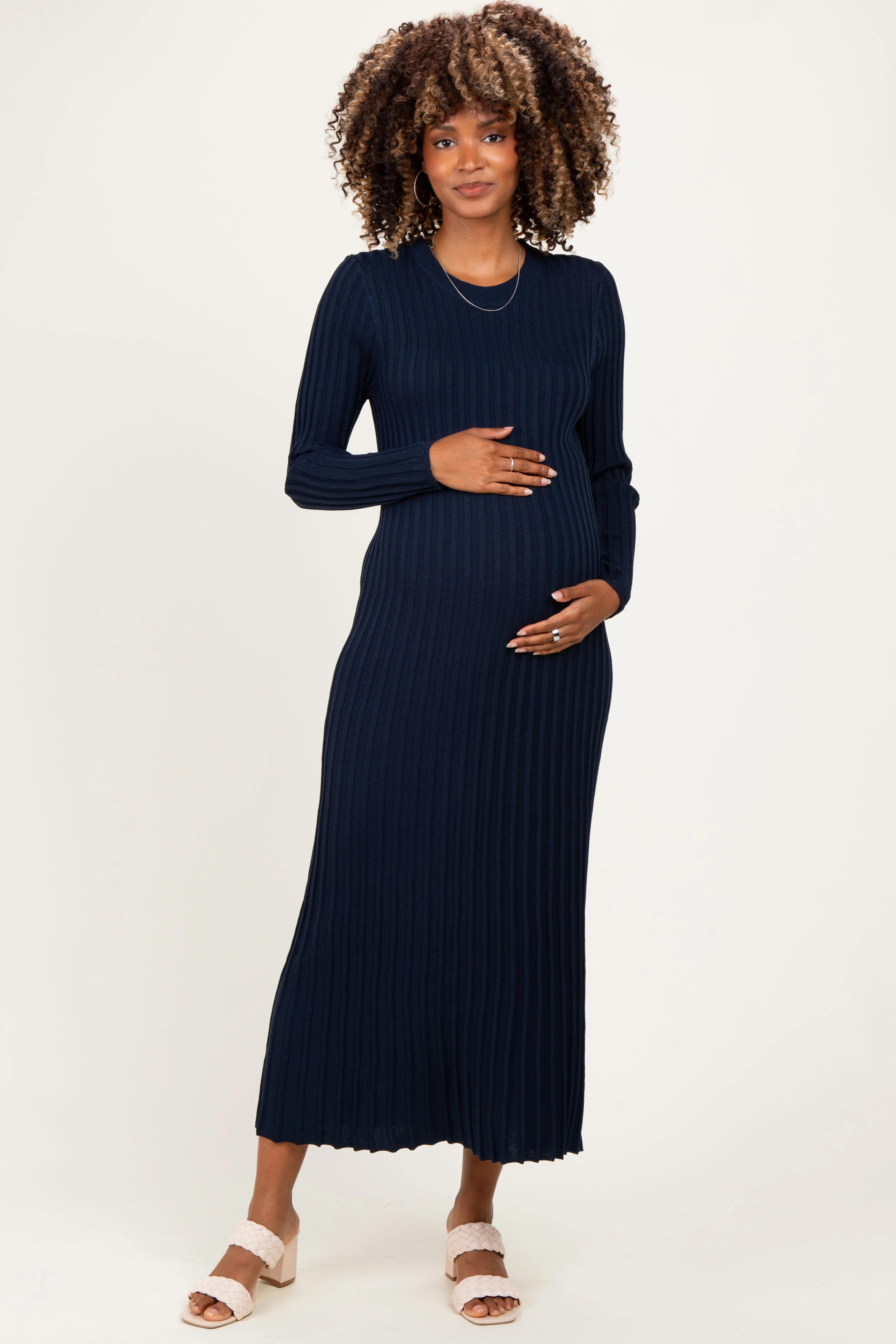 Navy Ribbed Long Sleeve Maternity Sweater Midi Dress sold by Pinkblush