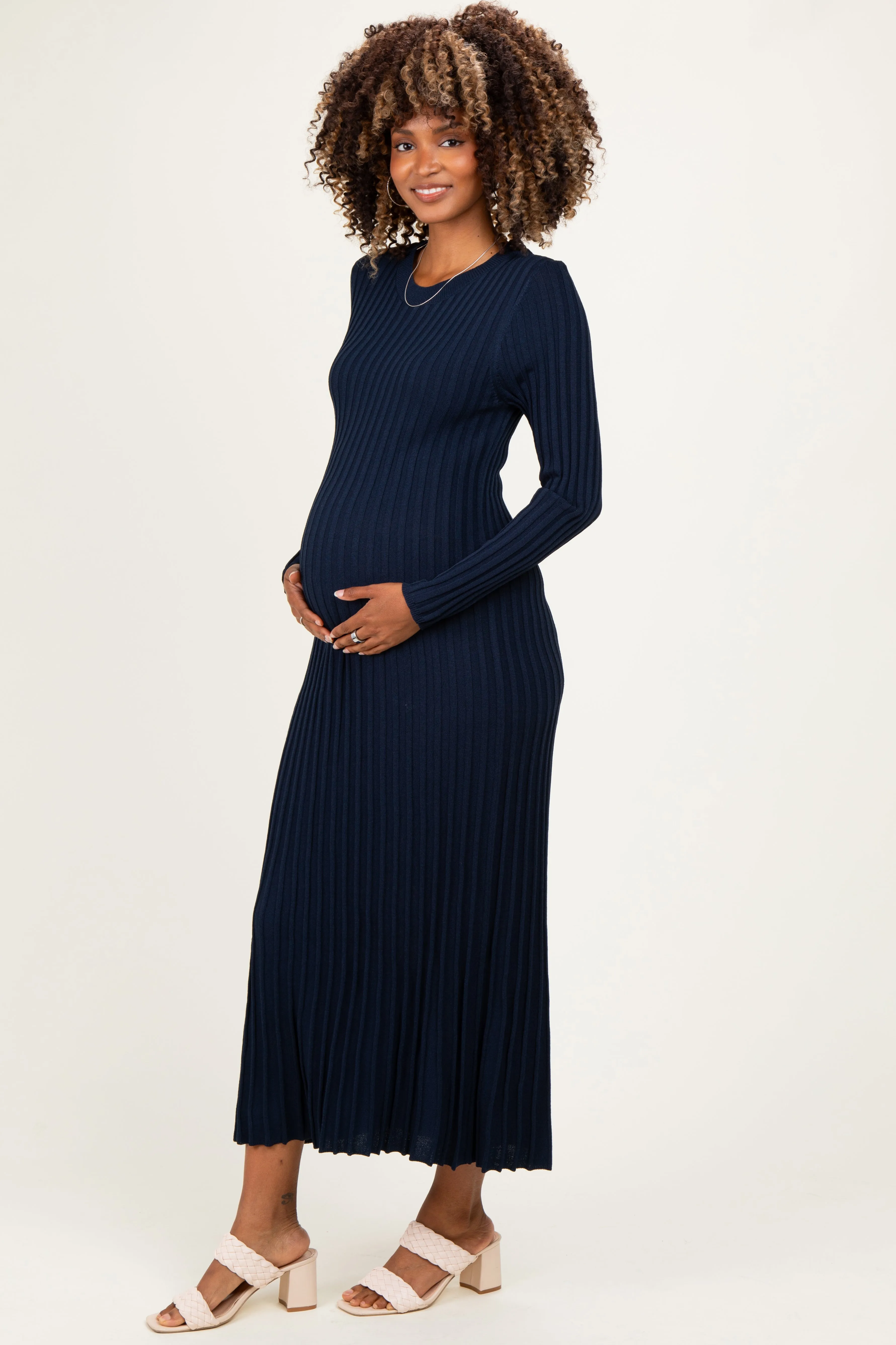 Navy Ribbed Long Sleeve Maternity Sweater Midi Dress sold by Pinkblush product image thumbnail 2