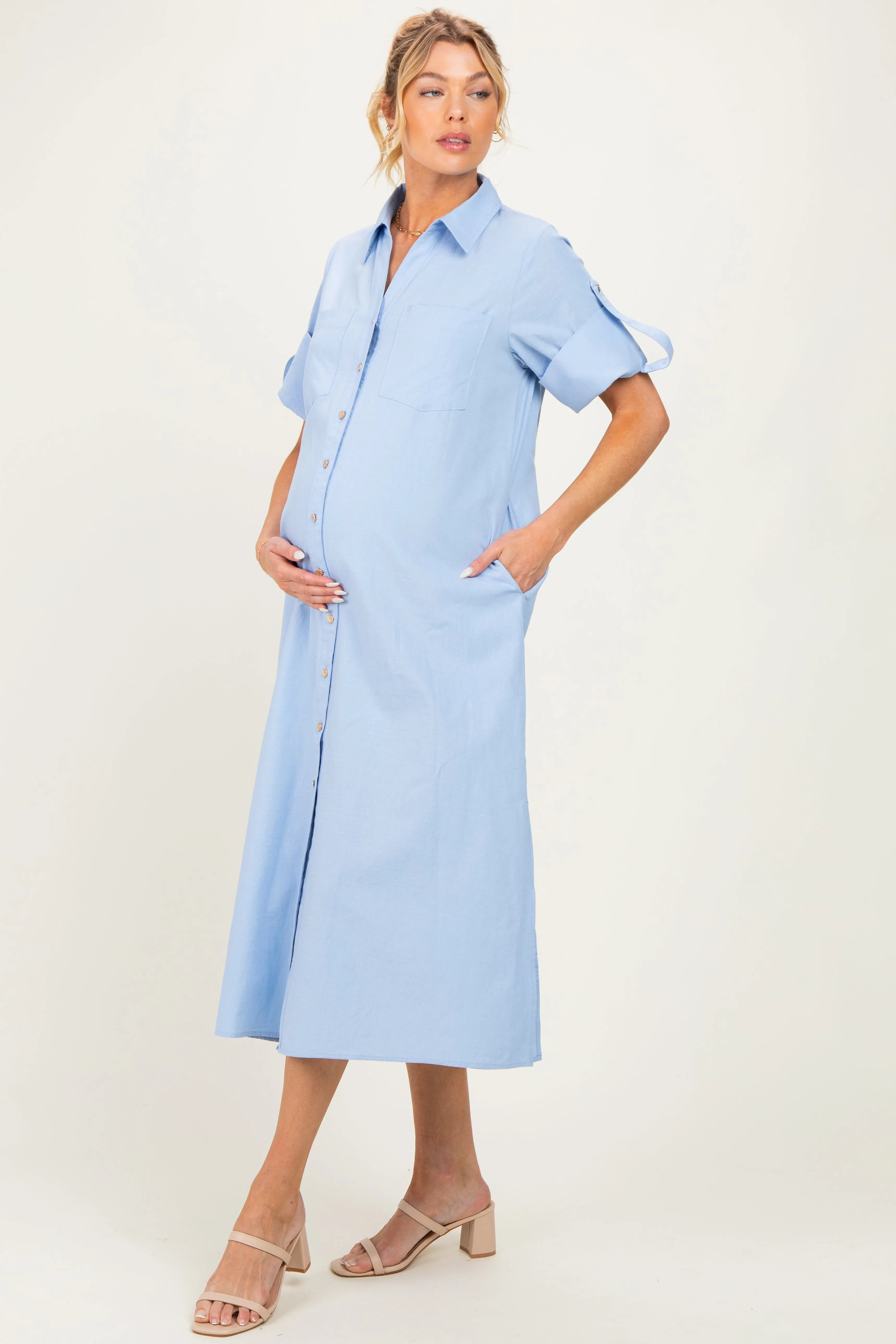 Light Blue Side Slit Button Down Maternity Midi Dress sold by Pinkblush product image thumbnail 2