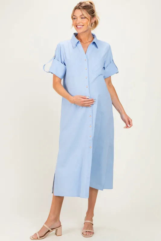 Light Blue Side Slit Button Down Maternity Midi Dress made by JODIFL