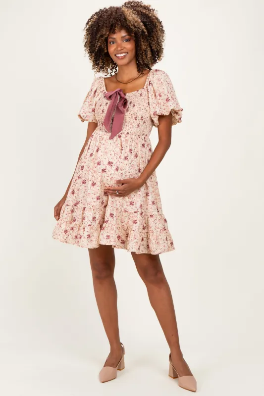 Burgundy Bow Smocked Bubble Sleeve Maternity Mini Dress made by In February