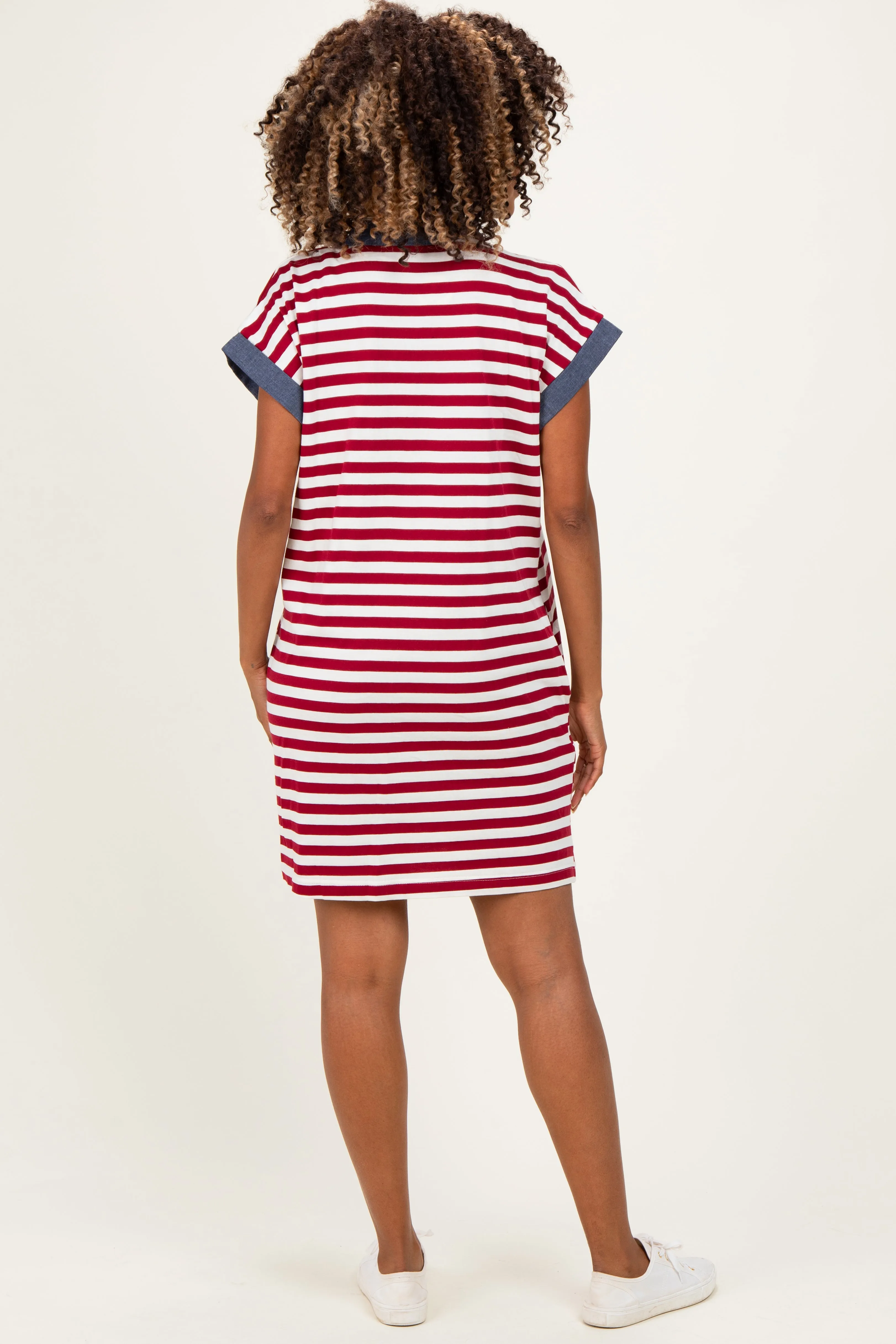Burgundy/Cream Relaxed Fit Striped Polo Maternity Mini Dress sold by Pinkblush product image thumbnail 3