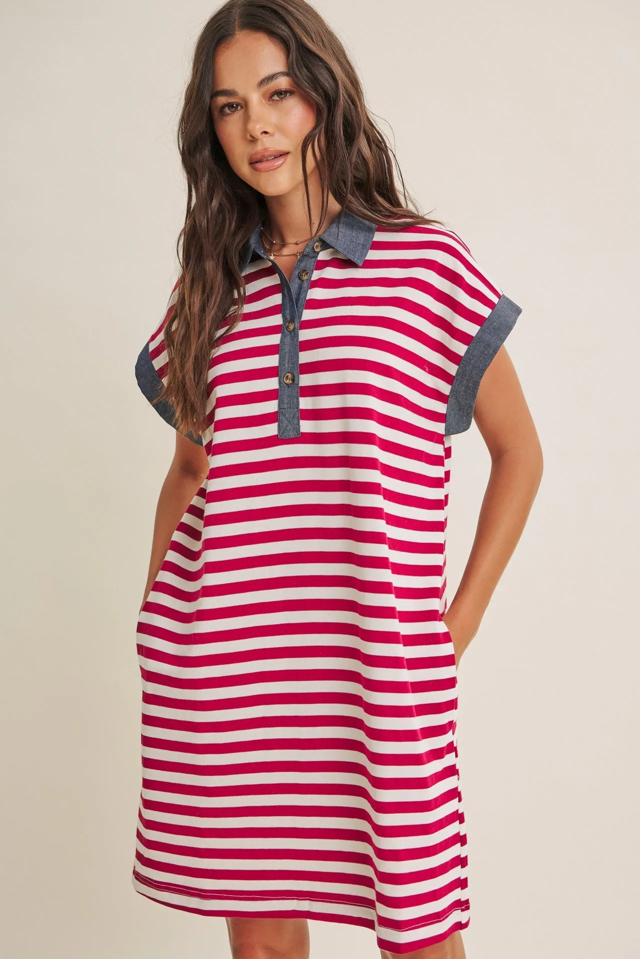 Burgundy/Cream Relaxed Fit Striped Polo Maternity Mini Dress sold by Pinkblush product image thumbnail 4