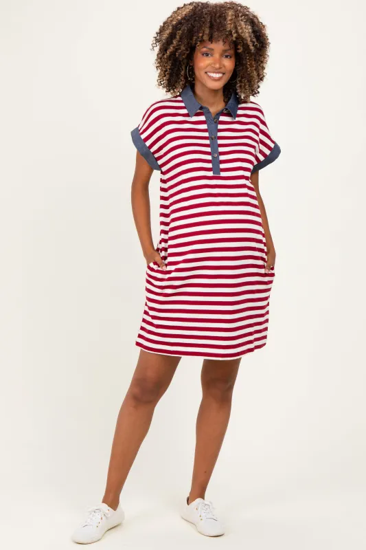 Burgundy/Cream Relaxed Fit Striped Polo Maternity Mini Dress made by In February