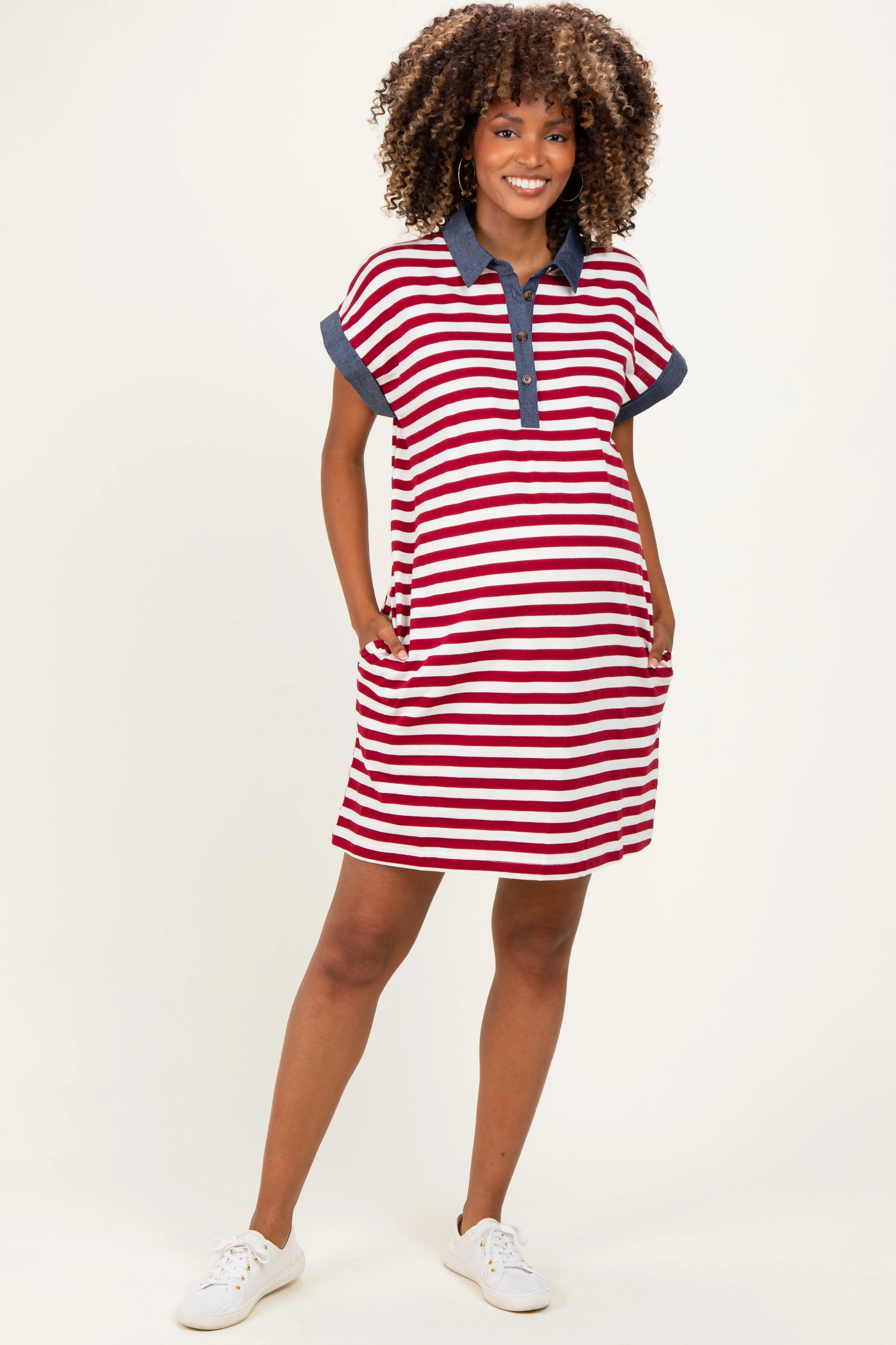 Burgundy/Cream Relaxed Fit Striped Polo Maternity Mini Dress sold by Pinkblush