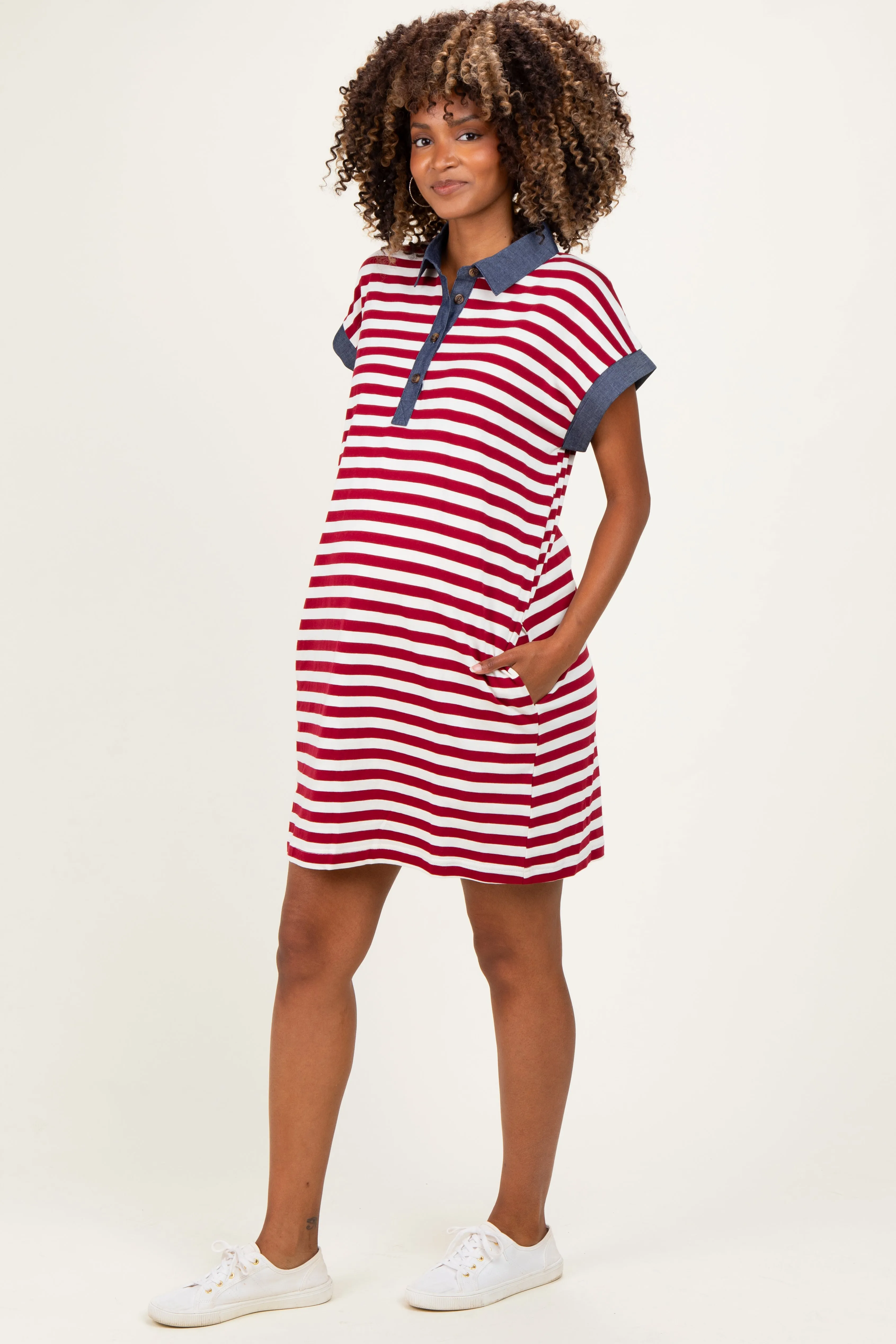 Burgundy/Cream Relaxed Fit Striped Polo Maternity Mini Dress sold by Pinkblush product image thumbnail 2