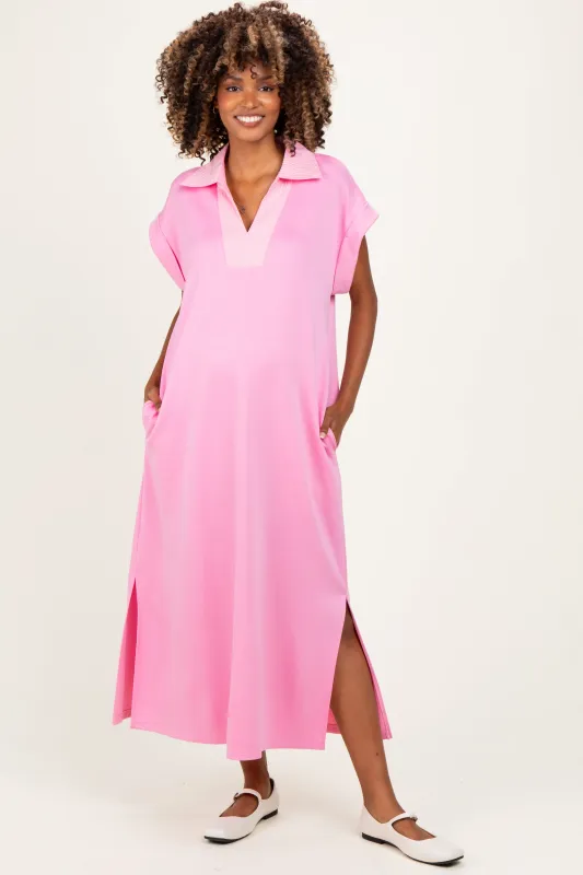 Pink Striped Collared Side Slit Maternity Midi Dress made by JODIFL