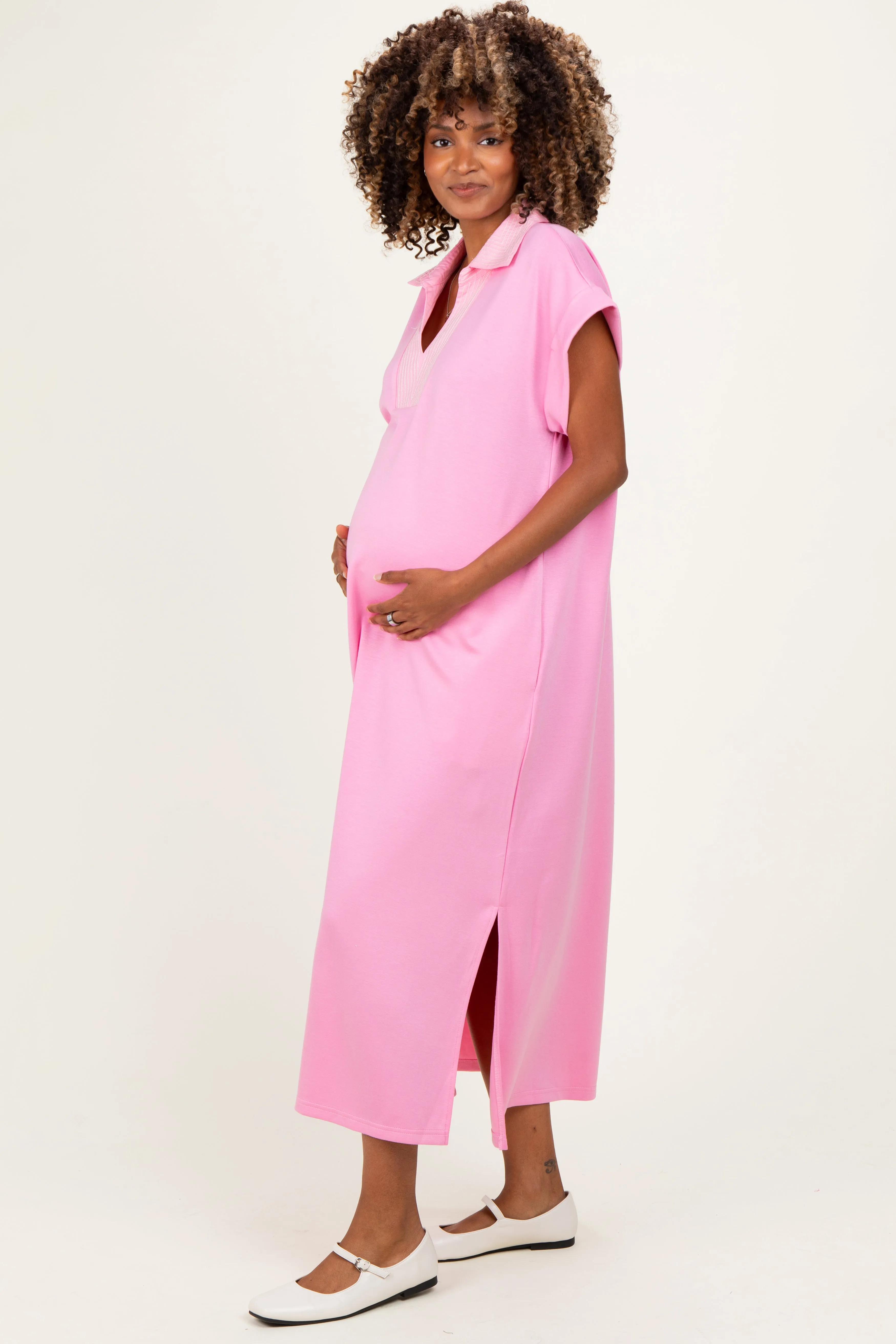 Pink Striped Collared Side Slit Maternity Midi Dress sold by Pinkblush product image thumbnail 2