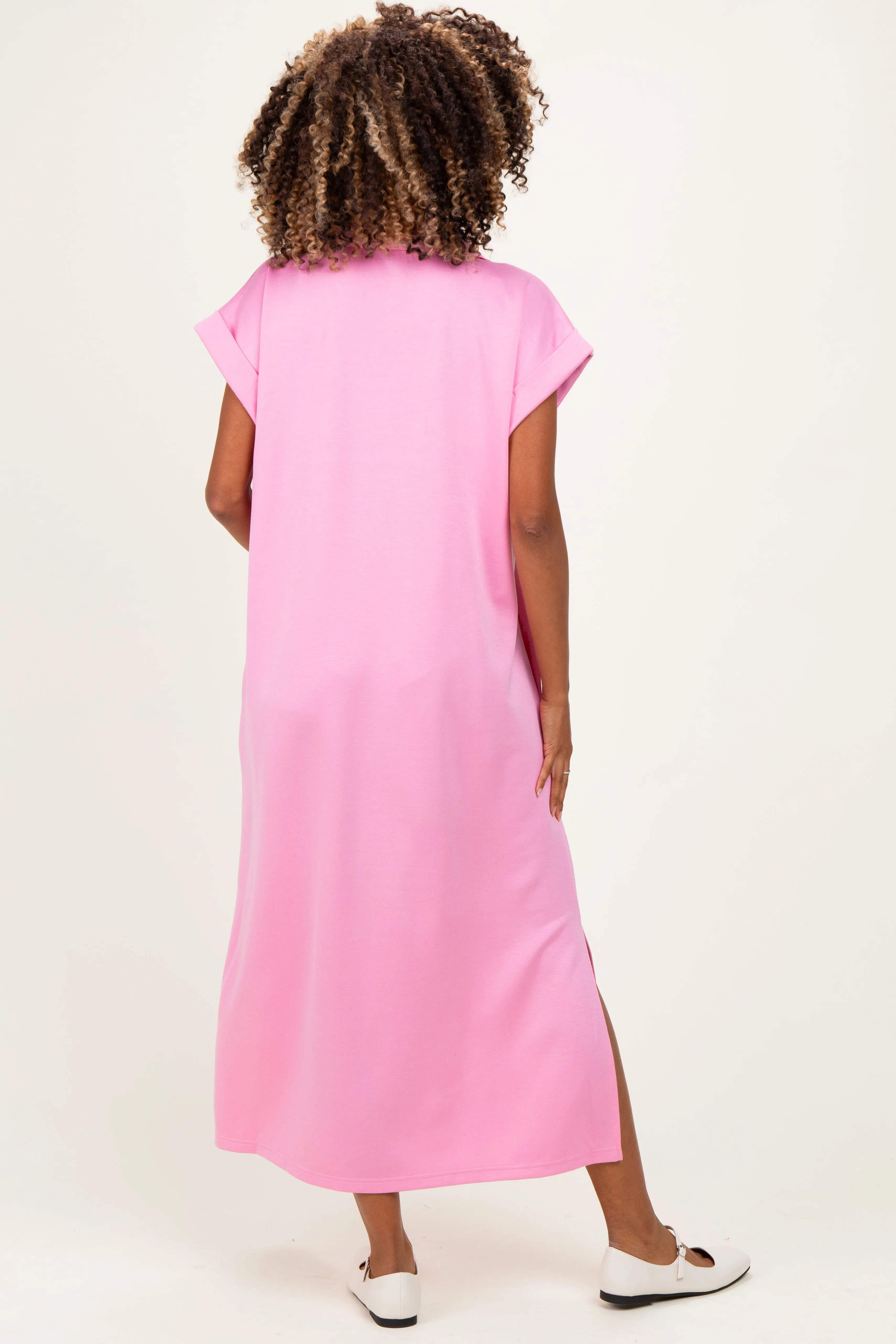 Pink Striped Collared Side Slit Maternity Midi Dress sold by Pinkblush product image thumbnail 3