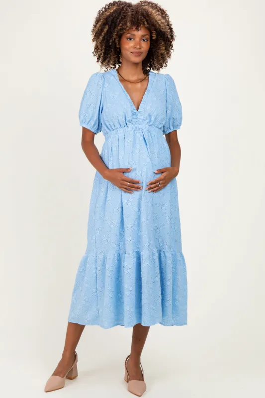 Light Blue Lace V-Neck Puff Sleeve Maternity Maxi Dress made by Pinkblush
