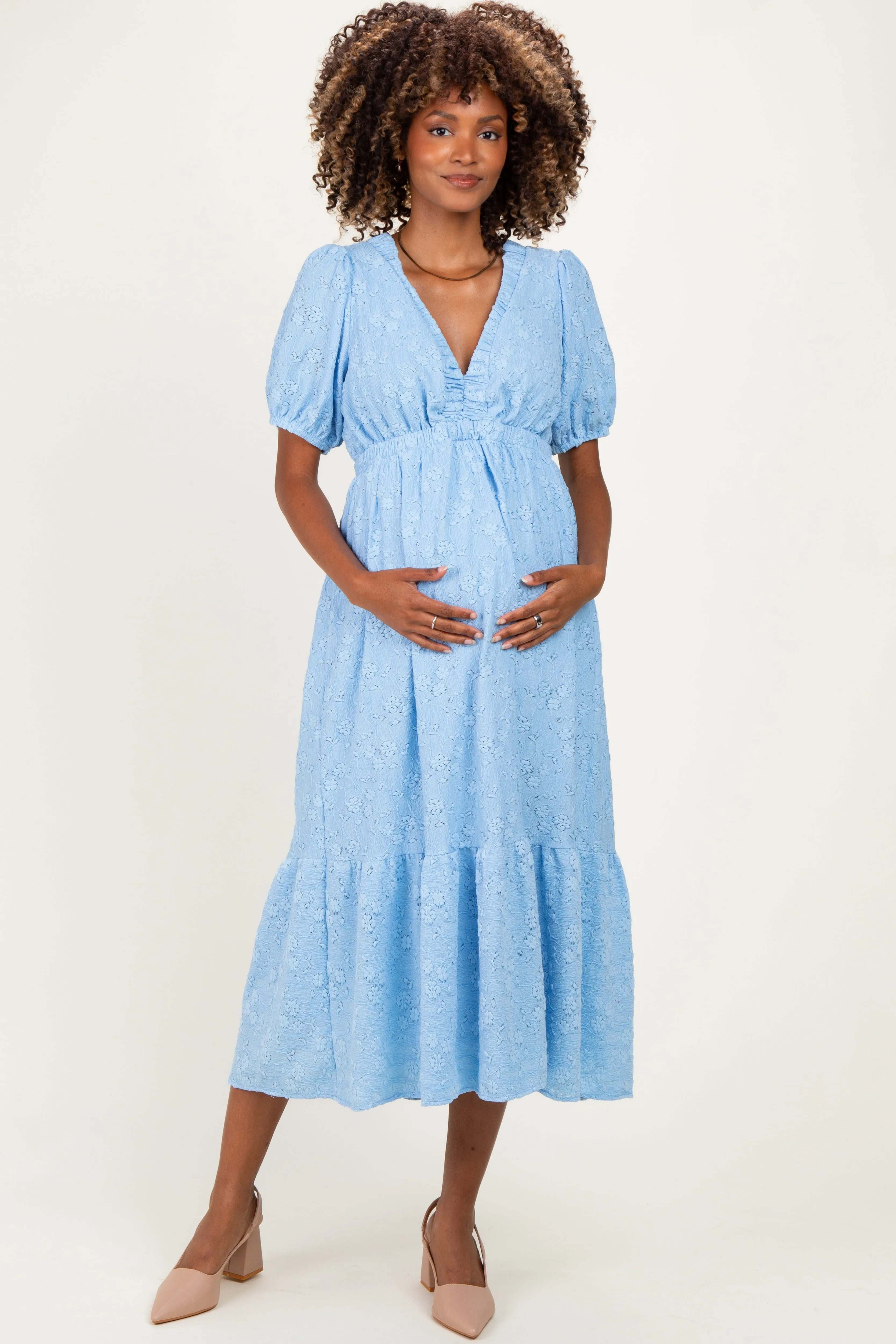 Light Blue Lace V-Neck Puff Sleeve Maternity Maxi Dress sold by Pinkblush