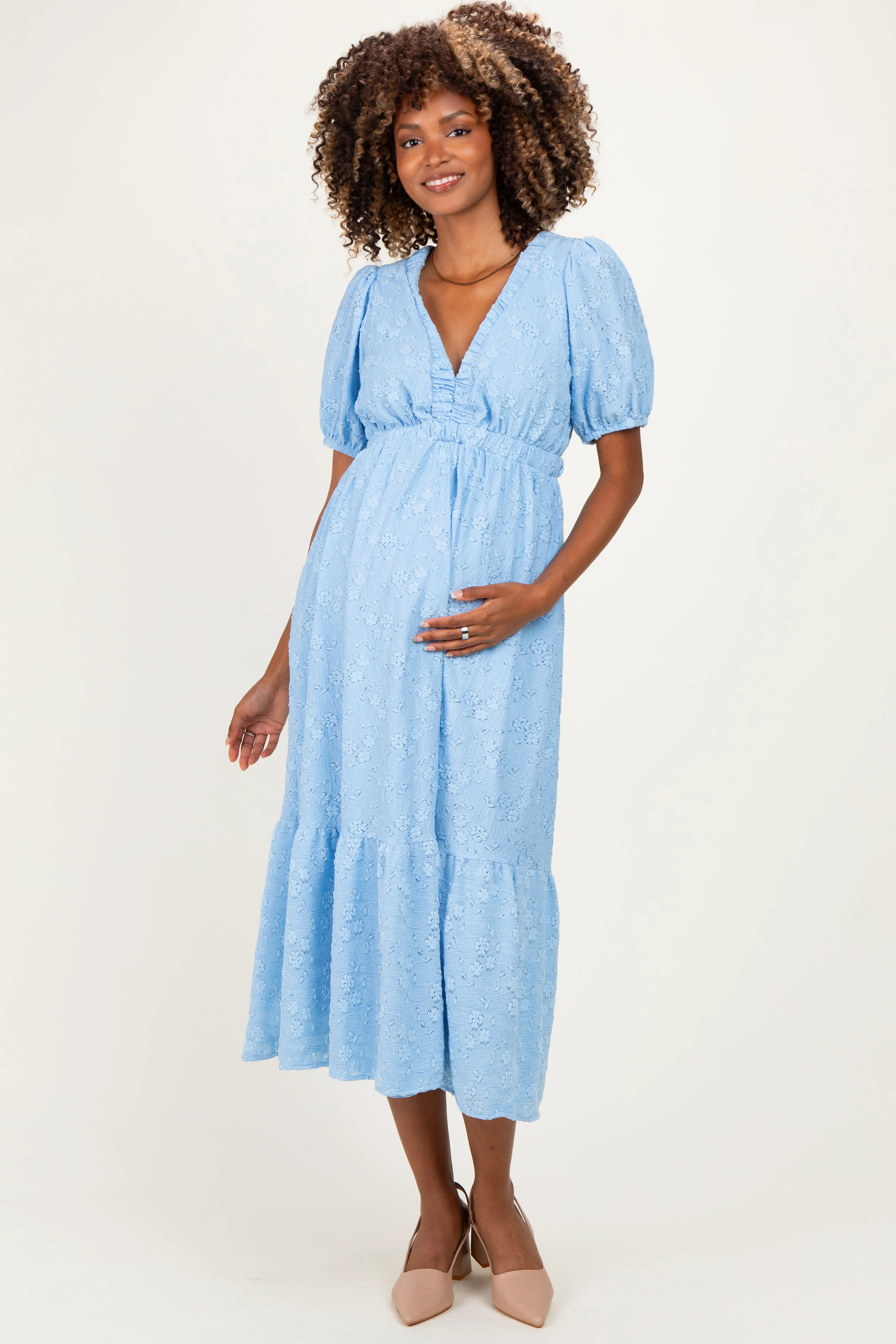 Light Blue Lace V-Neck Puff Sleeve Maternity Maxi Dress sold by Pinkblush product image thumbnail 2