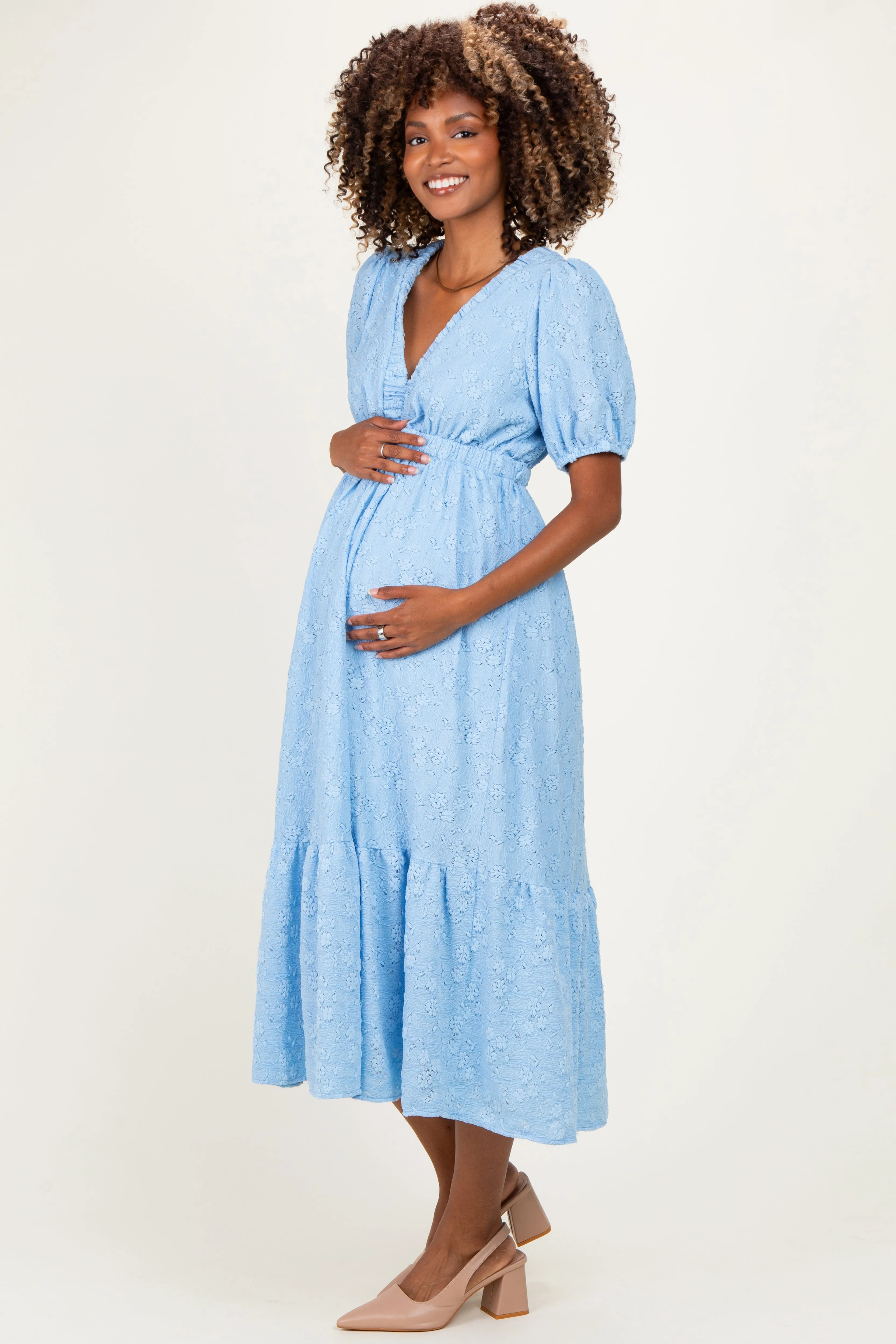 Light Blue Lace V-Neck Puff Sleeve Maternity Maxi Dress sold by Pinkblush product image thumbnail 3