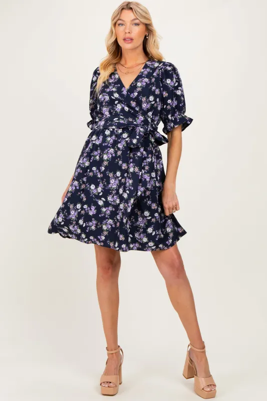 Navy Rose Floral Maternity Wrap Dress made by Pinkblush