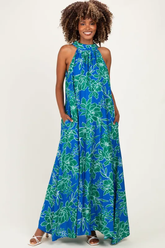 Royal Floral Halter Maternity Maxi Dress made by entro