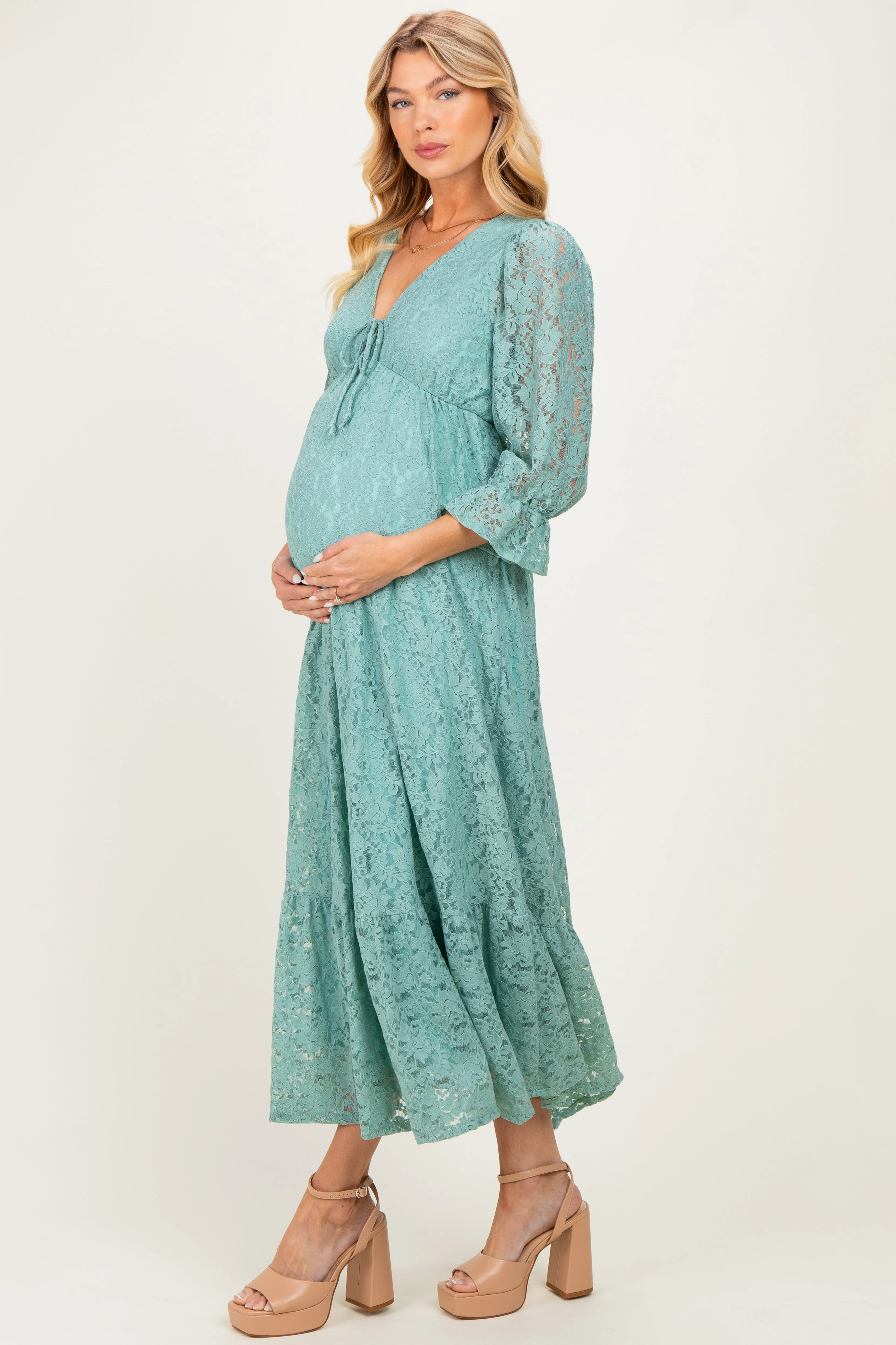Blue Floral Lace 3/4 Ruffle Sleeve V-Neck Maternity Maxi Dress sold by Pinkblush product image thumbnail 3