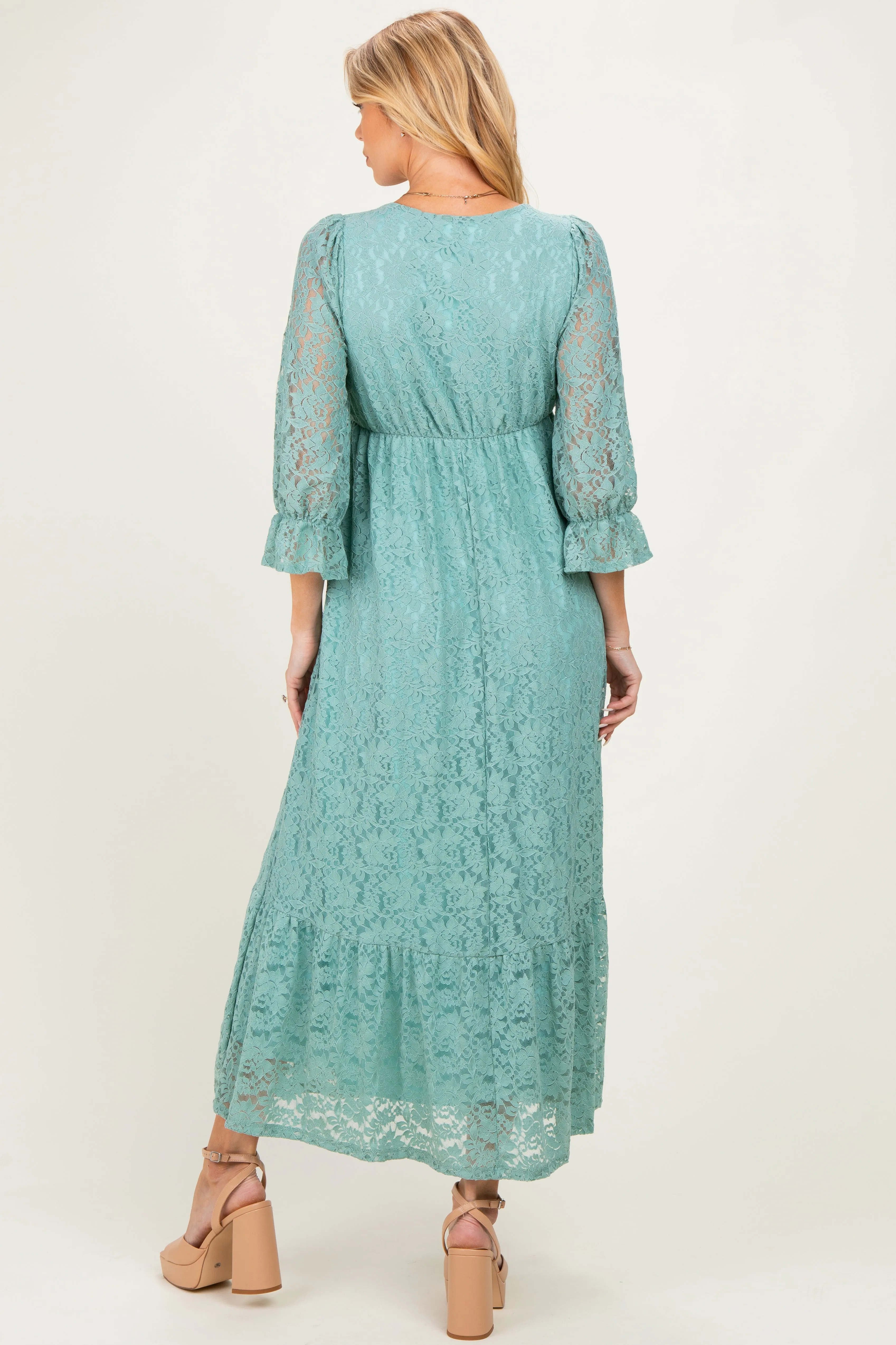 Blue Floral Lace 3/4 Ruffle Sleeve V-Neck Maternity Maxi Dress sold by Pinkblush product image thumbnail 4