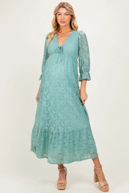 Blue Floral Lace 3/4 Ruffle Sleeve V-Neck Maternity Maxi Dress made by Pinkblush