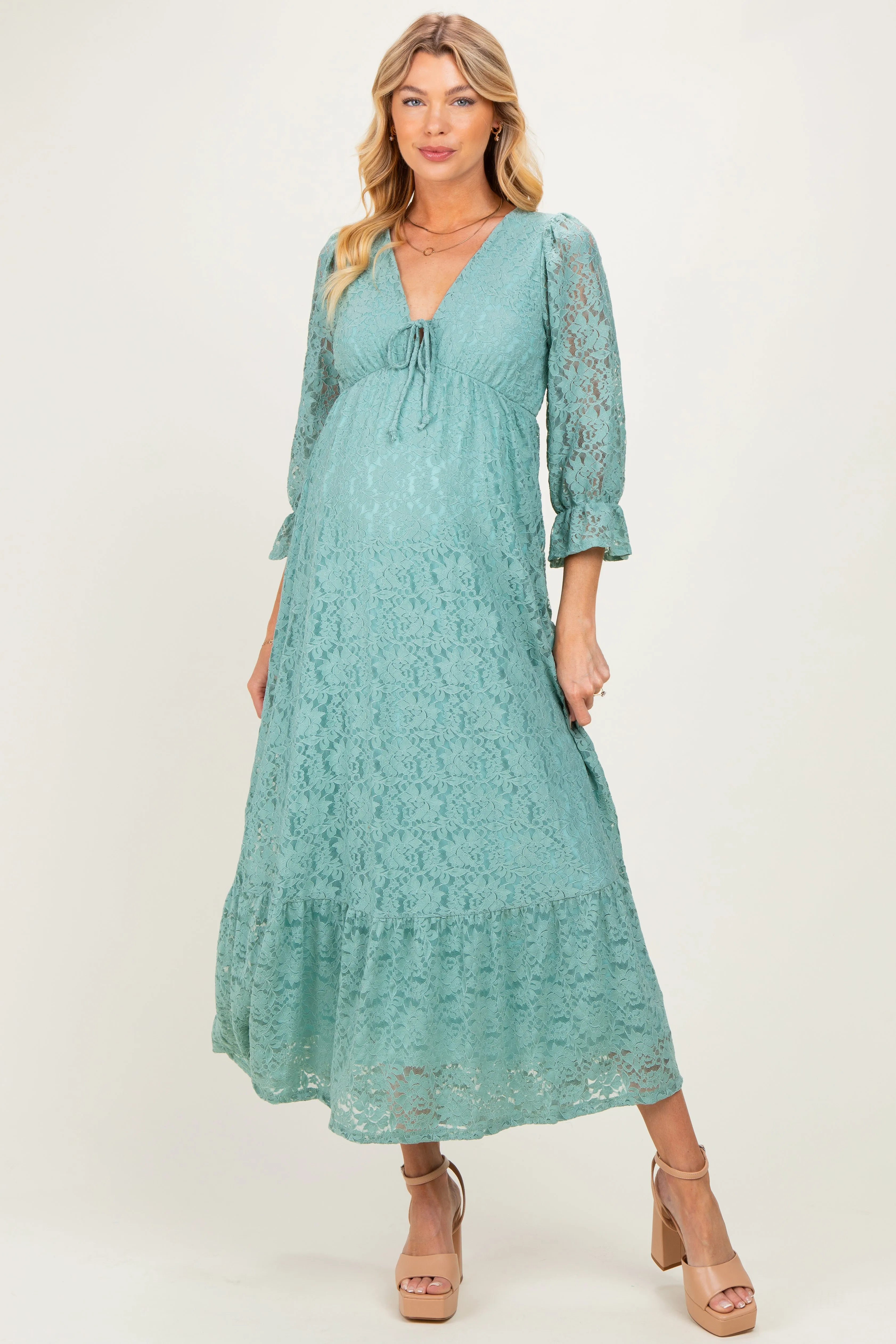 Blue Floral Lace 3/4 Ruffle Sleeve V-Neck Maternity Maxi Dress sold by Pinkblush