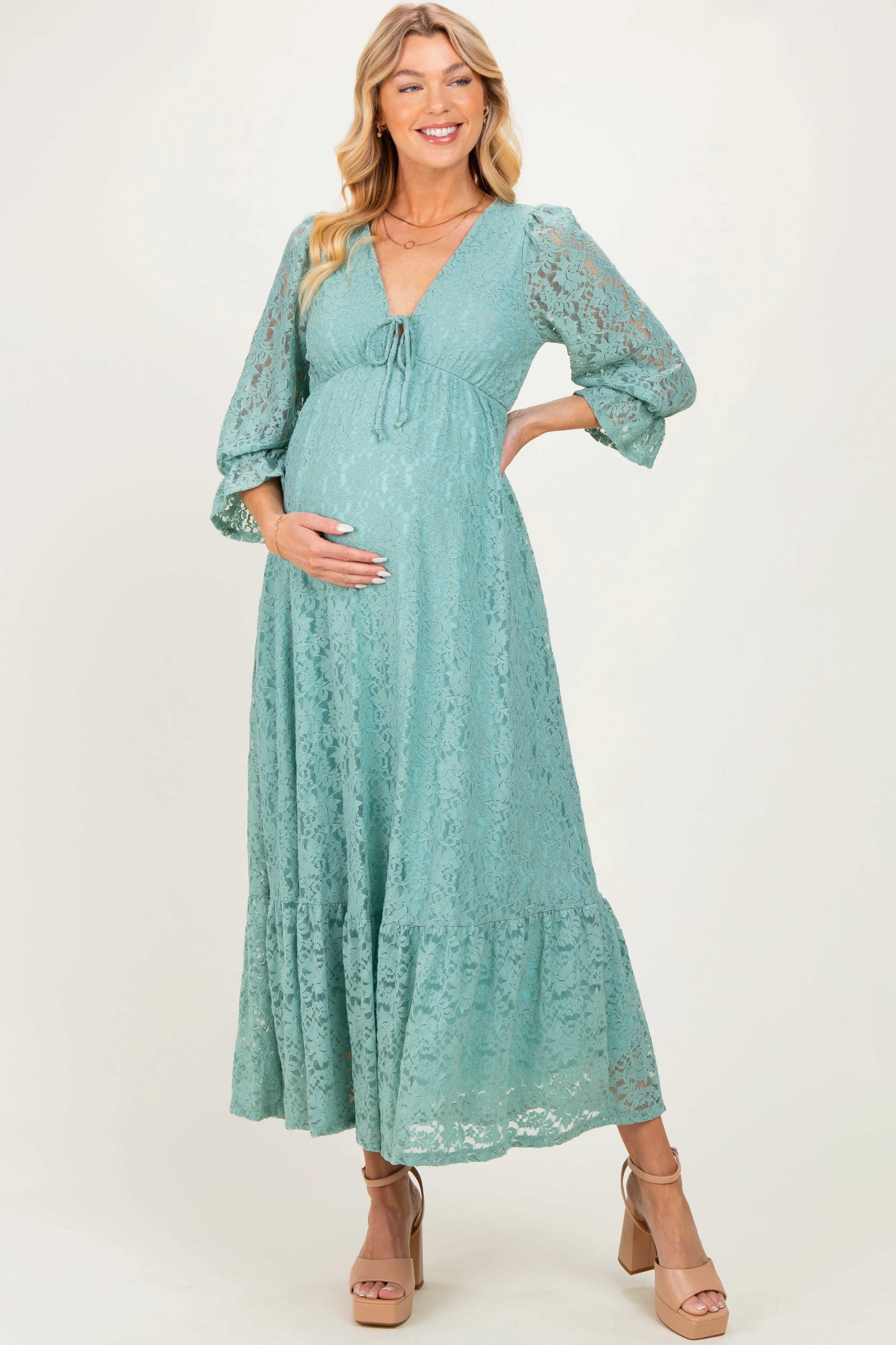 Blue Floral Lace 3/4 Ruffle Sleeve V-Neck Maternity Maxi Dress sold by Pinkblush product image thumbnail 2