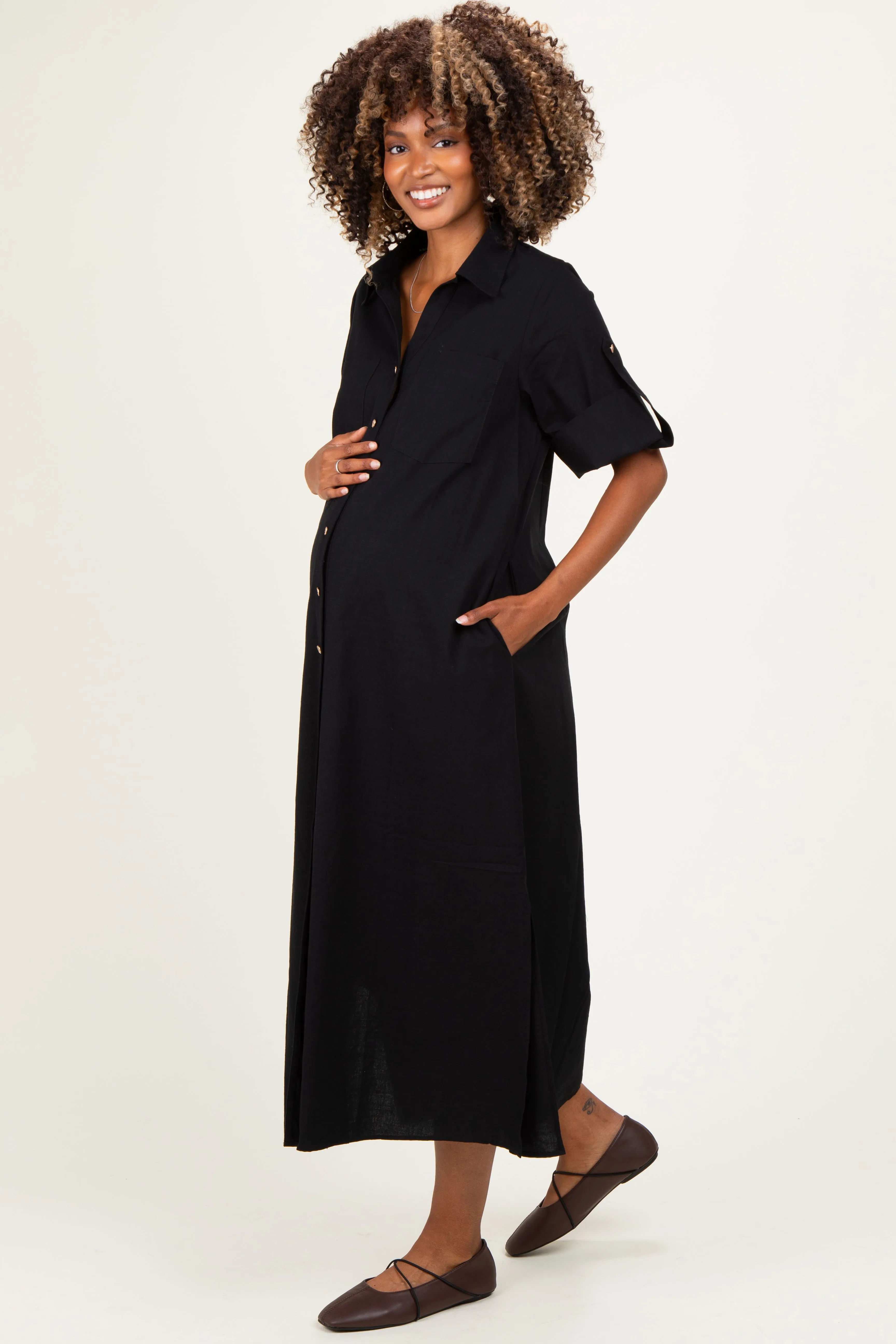 Black Side Slit Button Down Maternity Midi Dress sold by Pinkblush product image thumbnail 2
