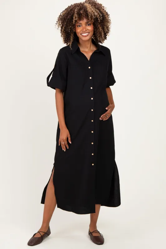 Black Side Slit Button Down Maternity Midi Dress made by JODIFL