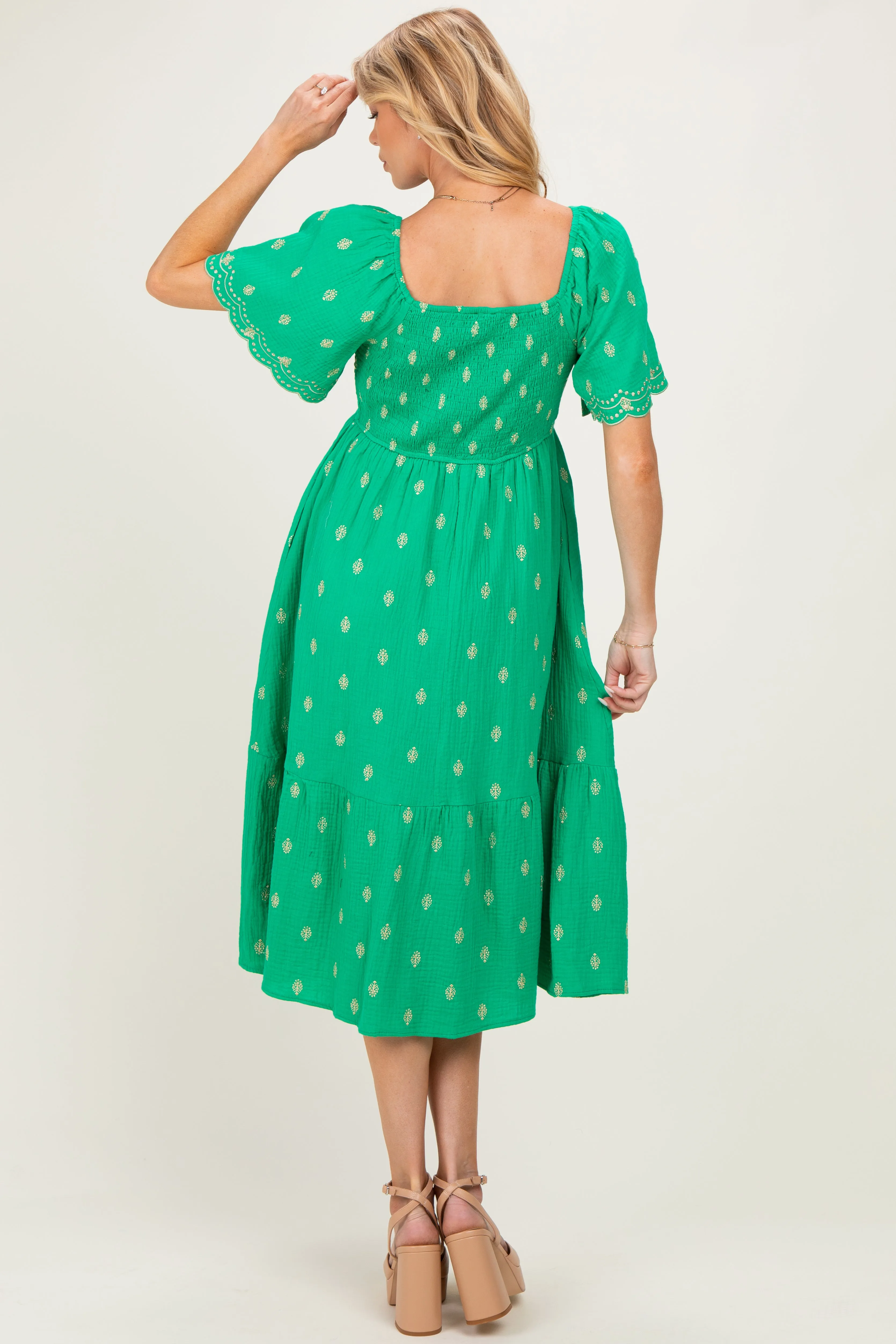 Kelly Green Smocked Embroidered Maternity Midi Dress sold by Pinkblush product image thumbnail 3