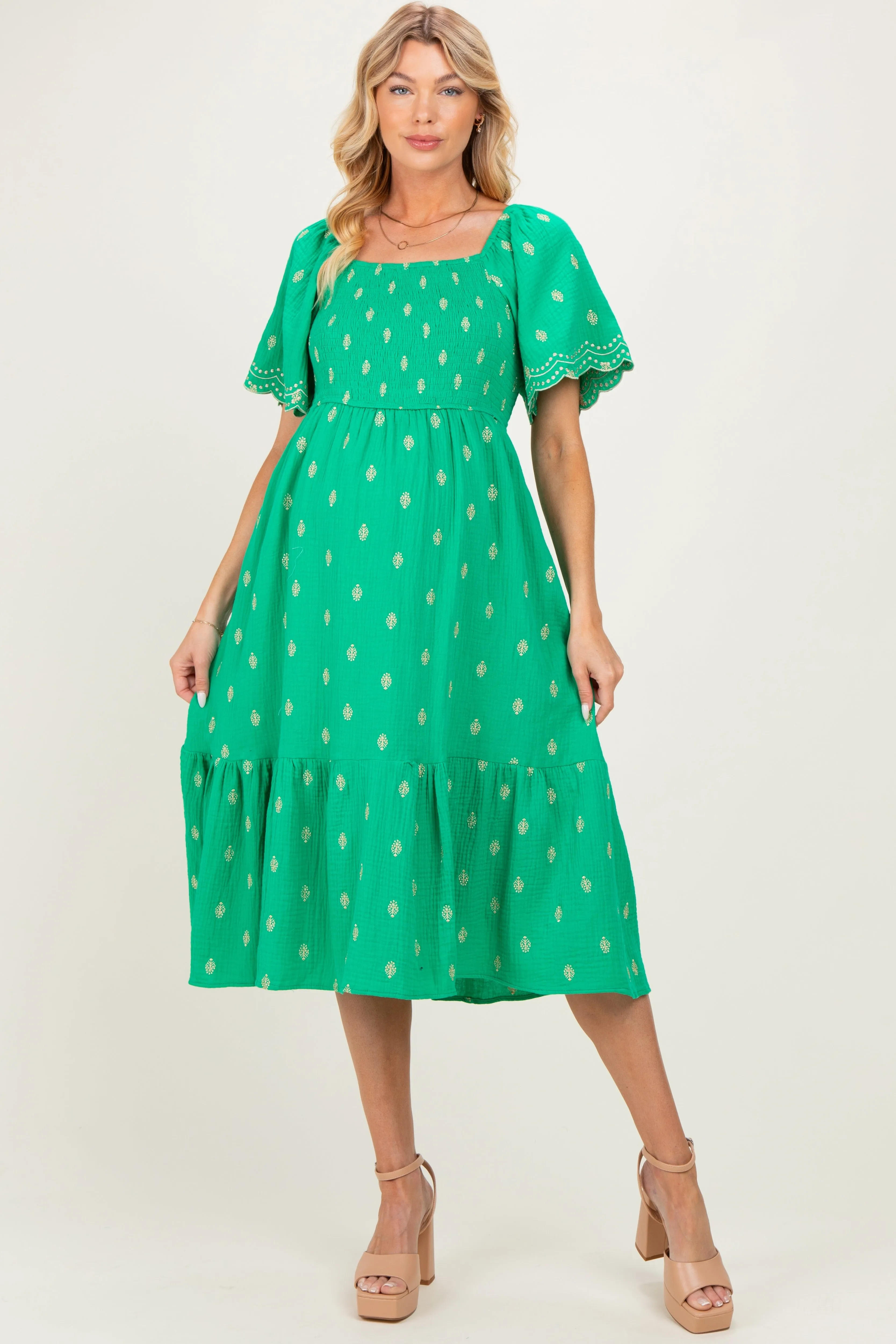 Kelly Green Smocked Embroidered Maternity Midi Dress sold by Pinkblush