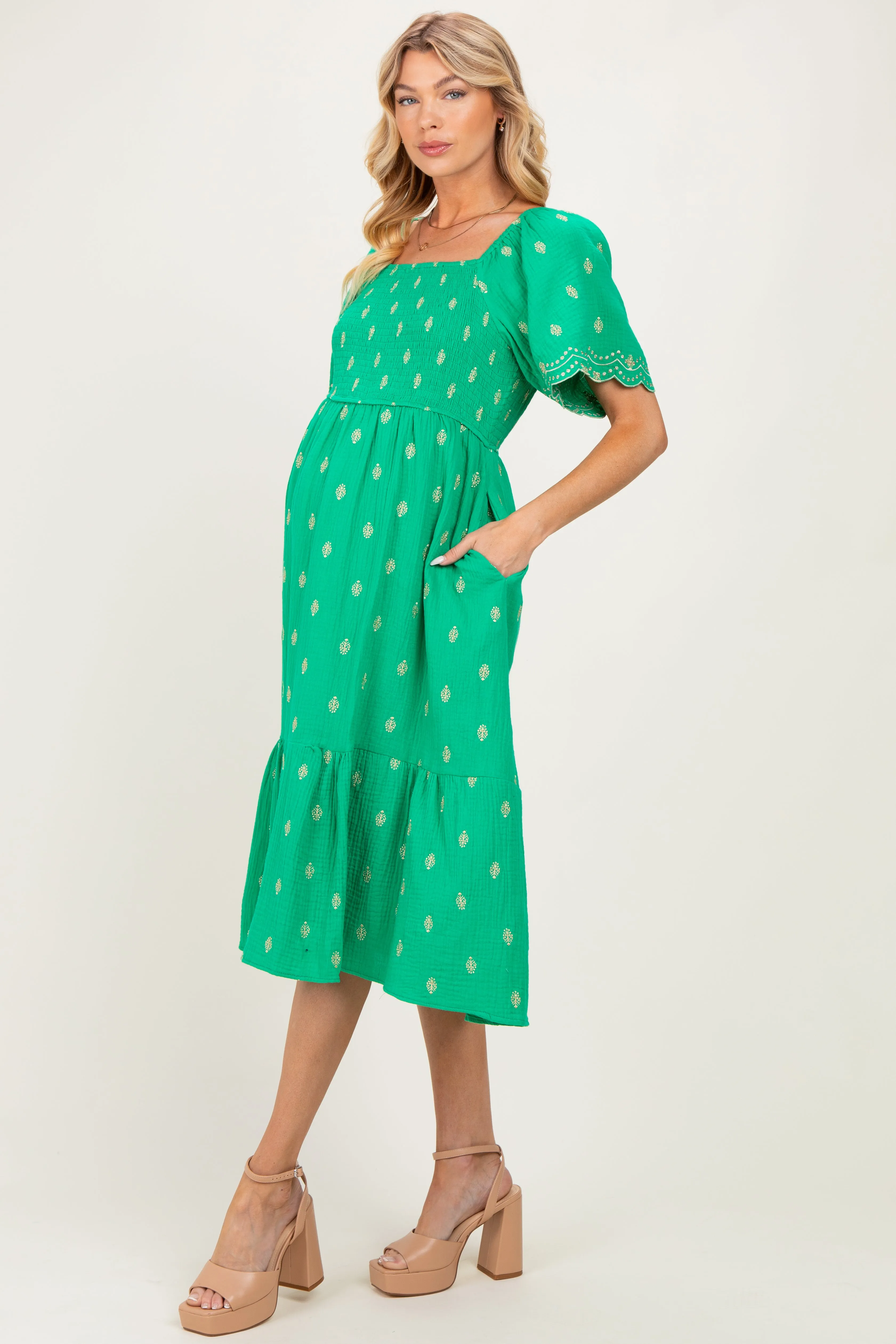 Kelly Green Smocked Embroidered Maternity Midi Dress sold by Pinkblush product image thumbnail 2
