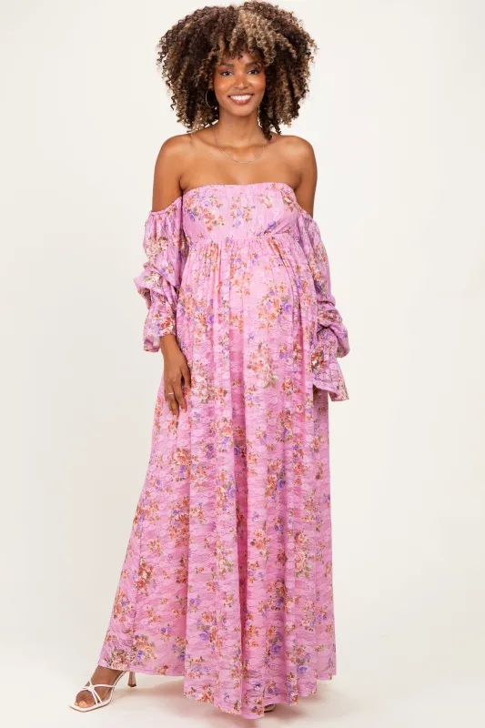 Pink Off Shoulder Long Sleeve Maternity Maxi Dress made by Pinkblush