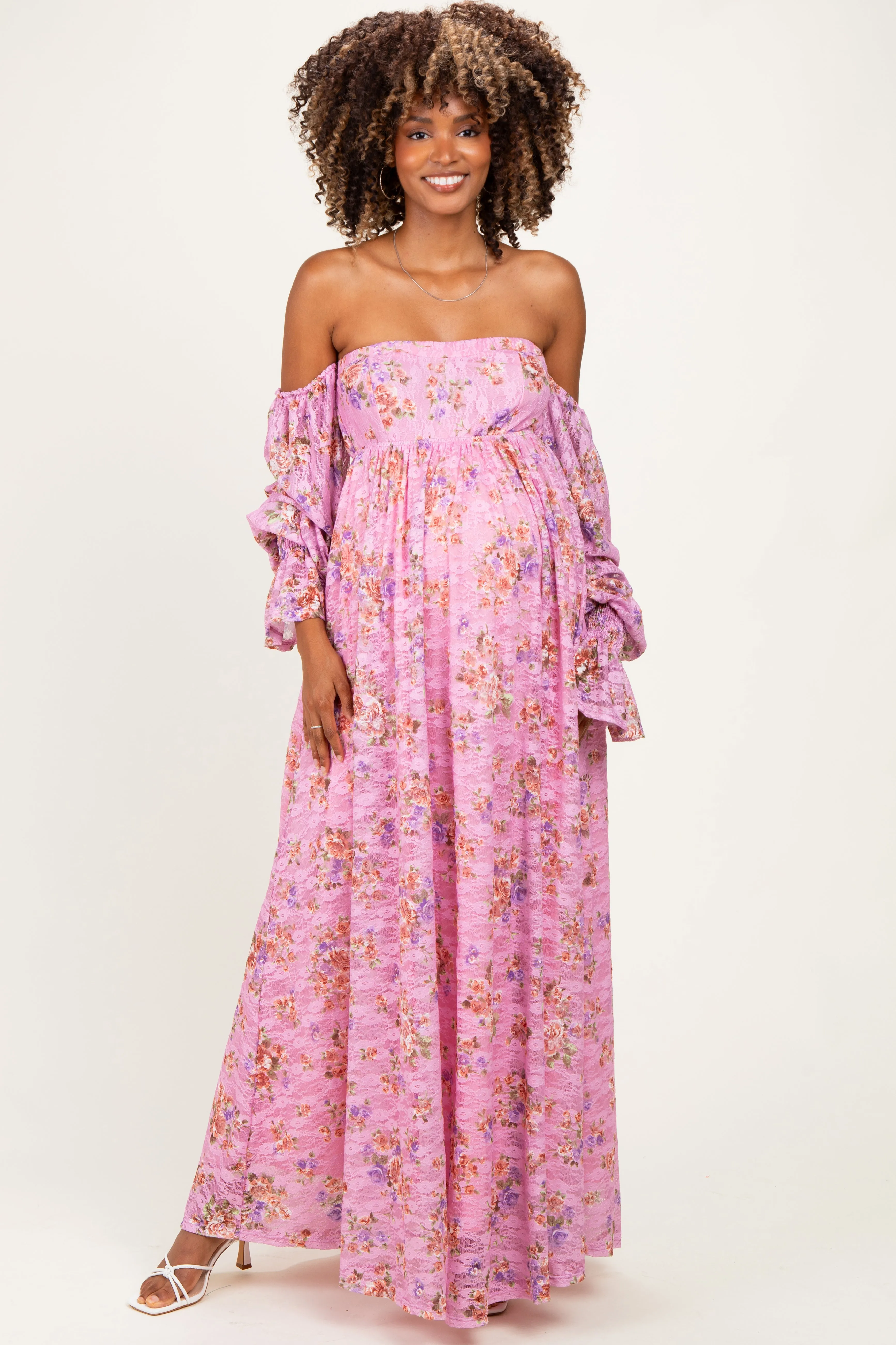 Pink Off Shoulder Long Sleeve Maternity Maxi Dress sold by Pinkblush