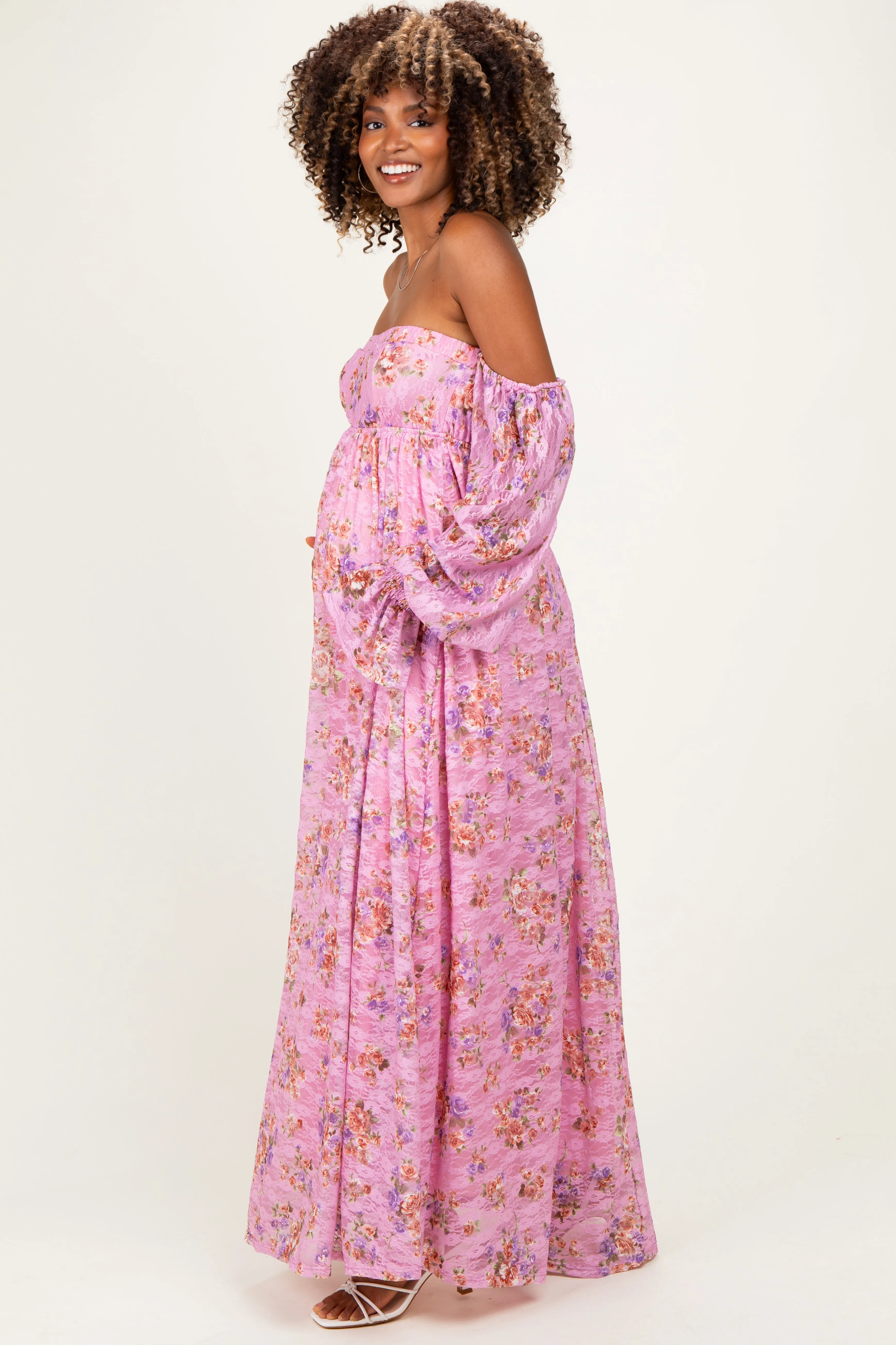 Pink Off Shoulder Long Sleeve Maternity Maxi Dress sold by Pinkblush product image thumbnail 2