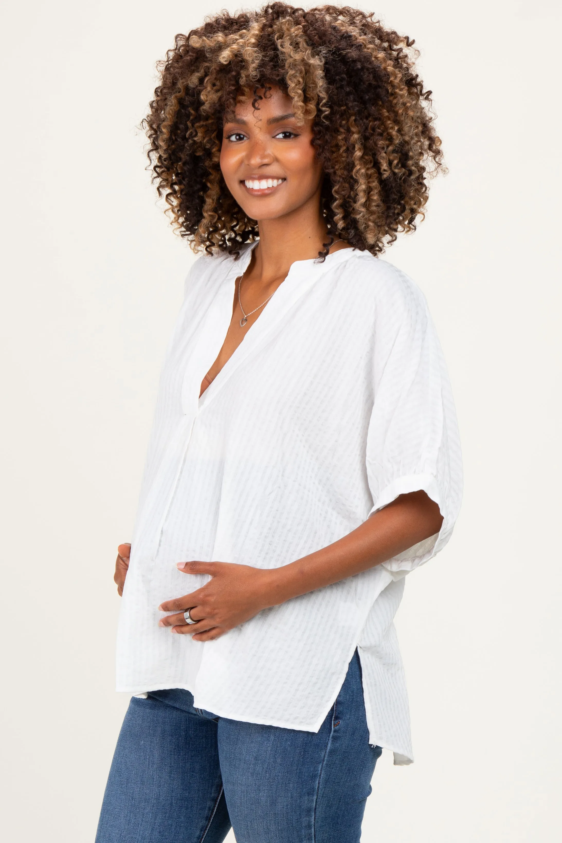 Off White Textured Stripe Oversized Maternity Blouse sold by Pinkblush product image thumbnail 3