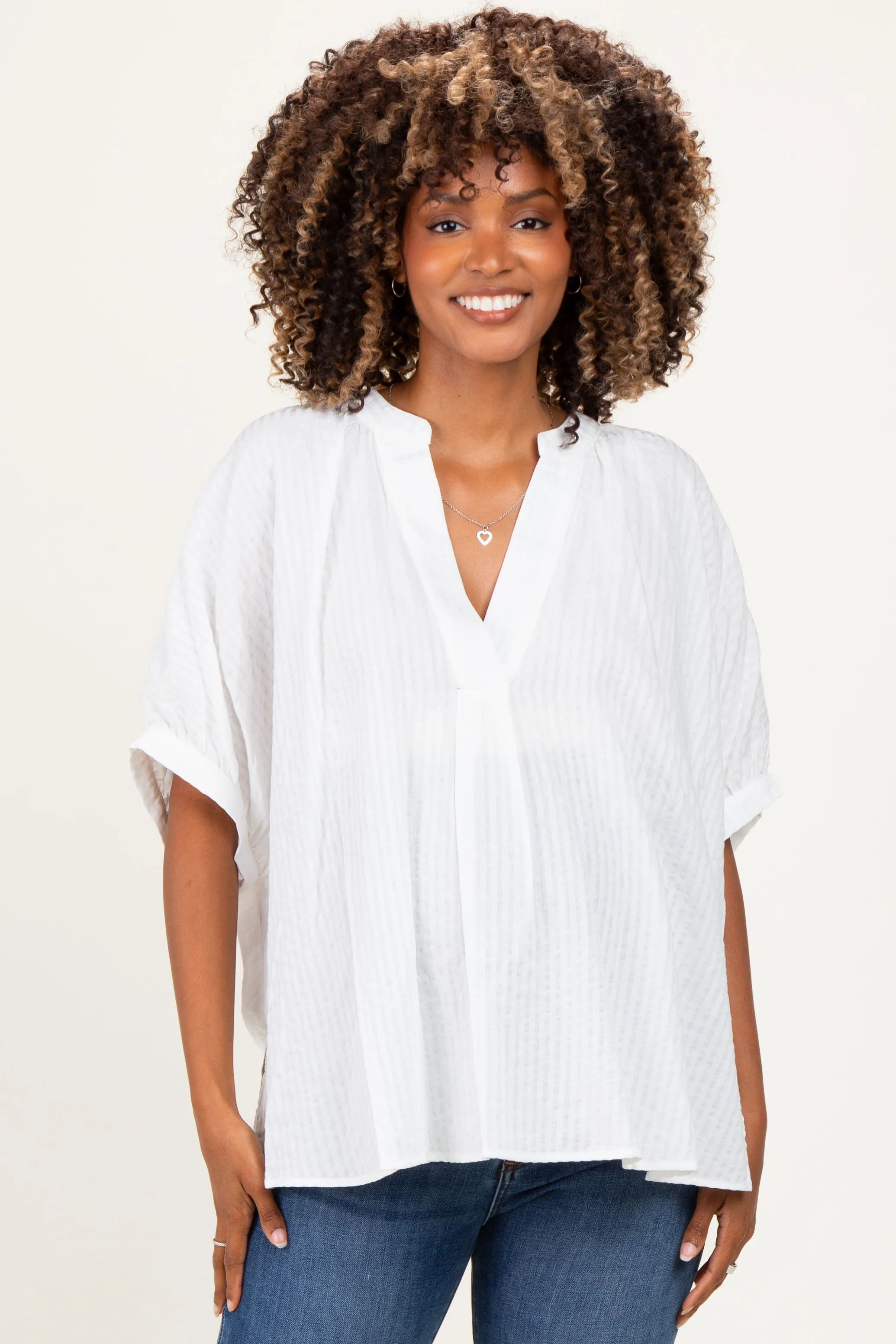 Off White Textured Stripe Oversized Maternity Blouse sold by Pinkblush