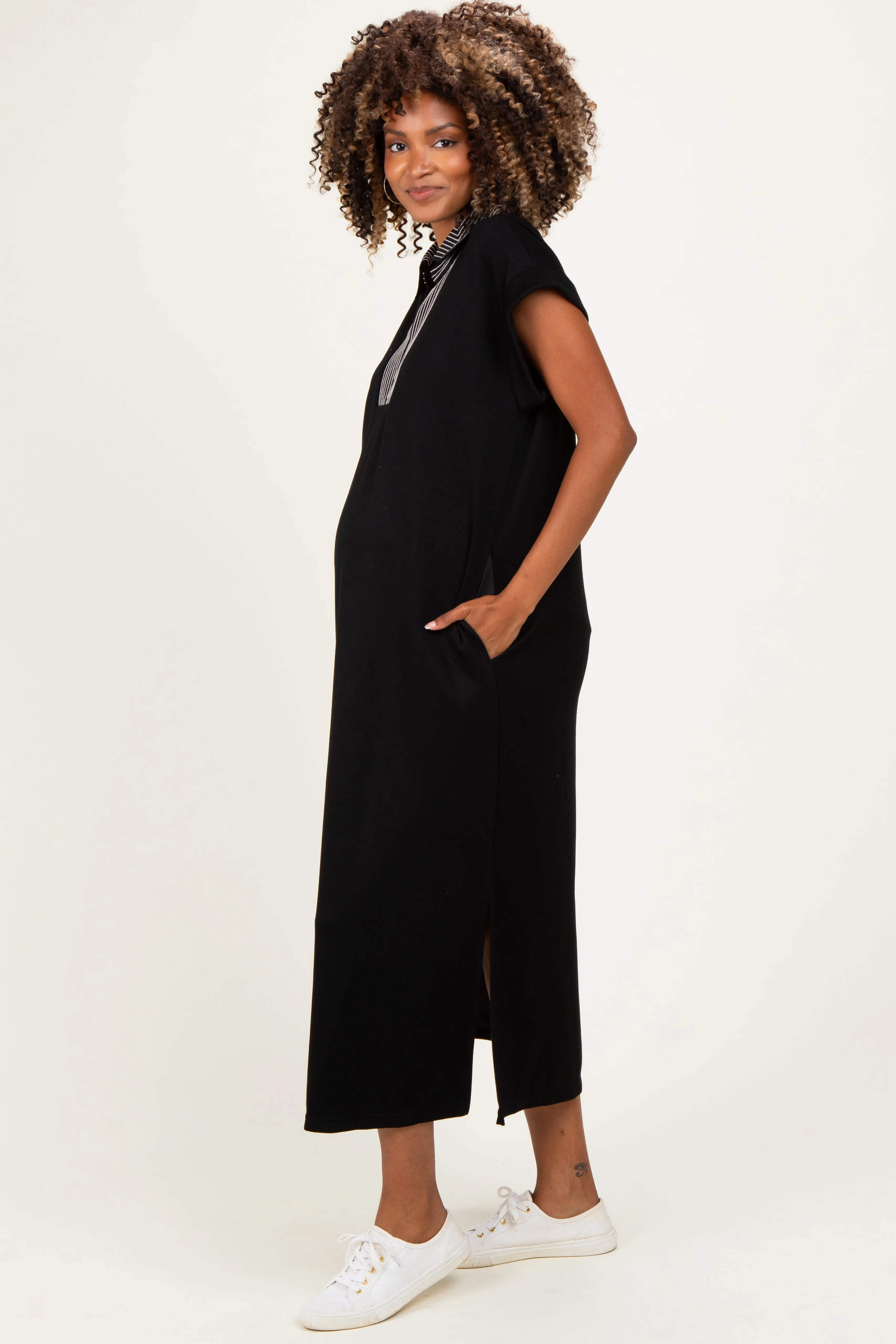 Black Striped Collared Side Slit Maternity Midi Dress sold by Pinkblush product image thumbnail 2
