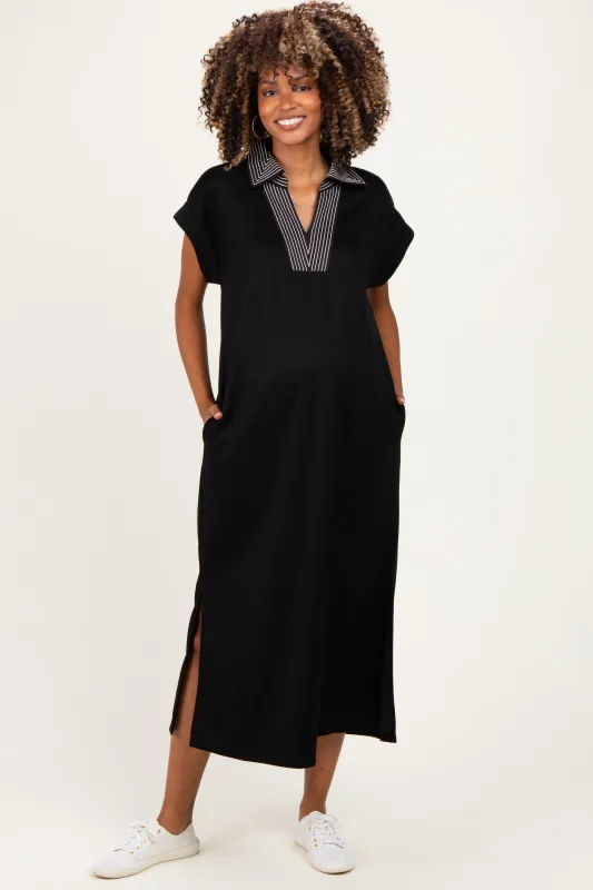 Black Striped Collared Side Slit Maternity Midi Dress made by JODIFL