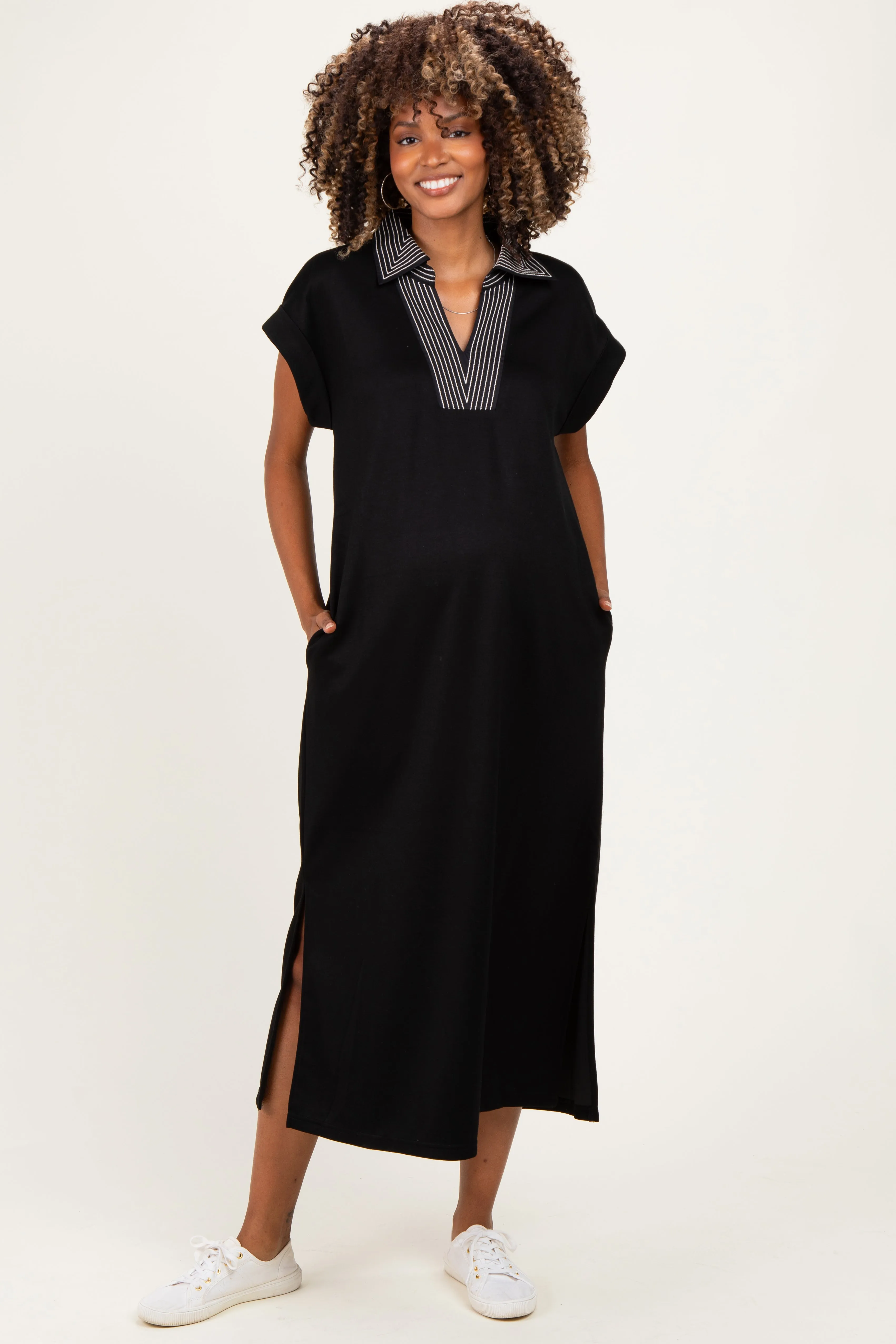 Black Striped Collared Side Slit Maternity Midi Dress sold by Pinkblush