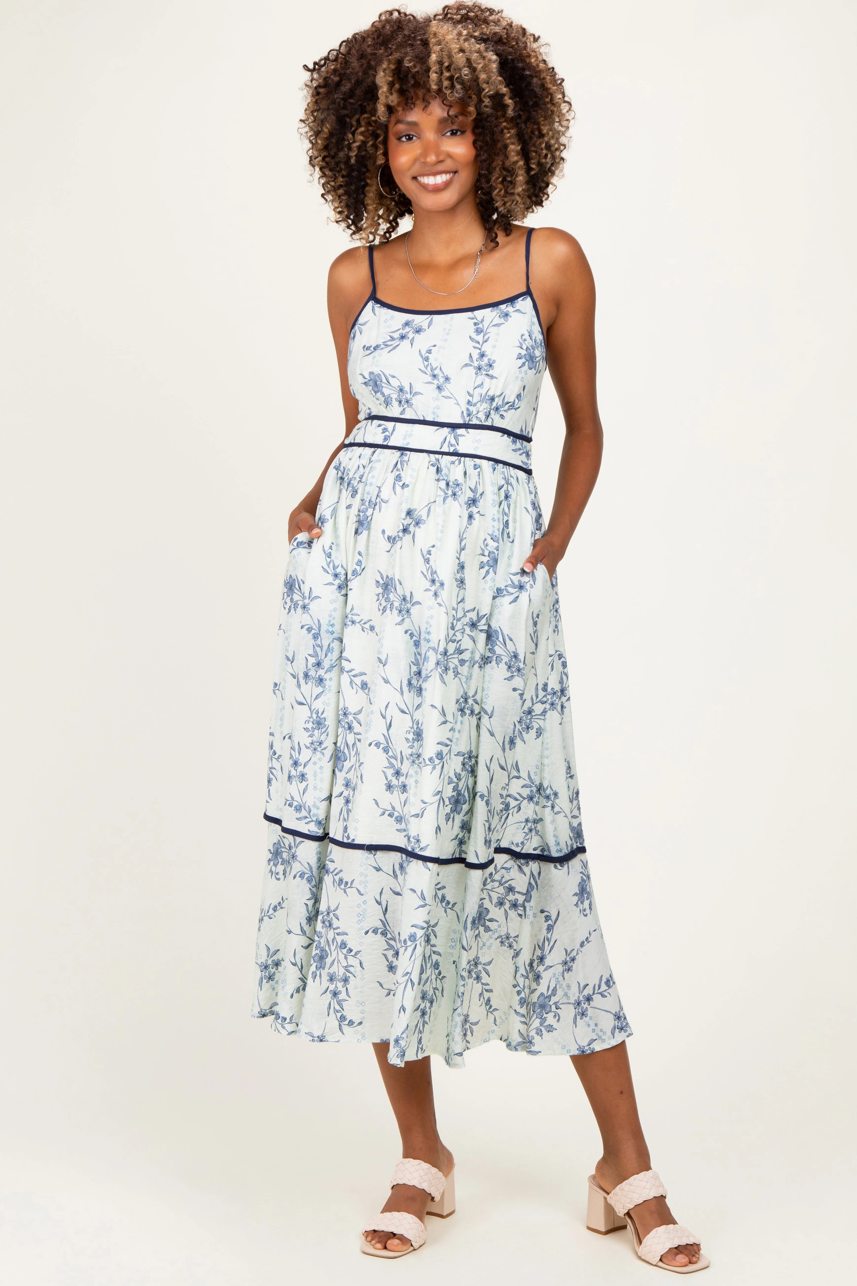Blue Floral Cutout Tie Back Maternity Midi Dress sold by Pinkblush