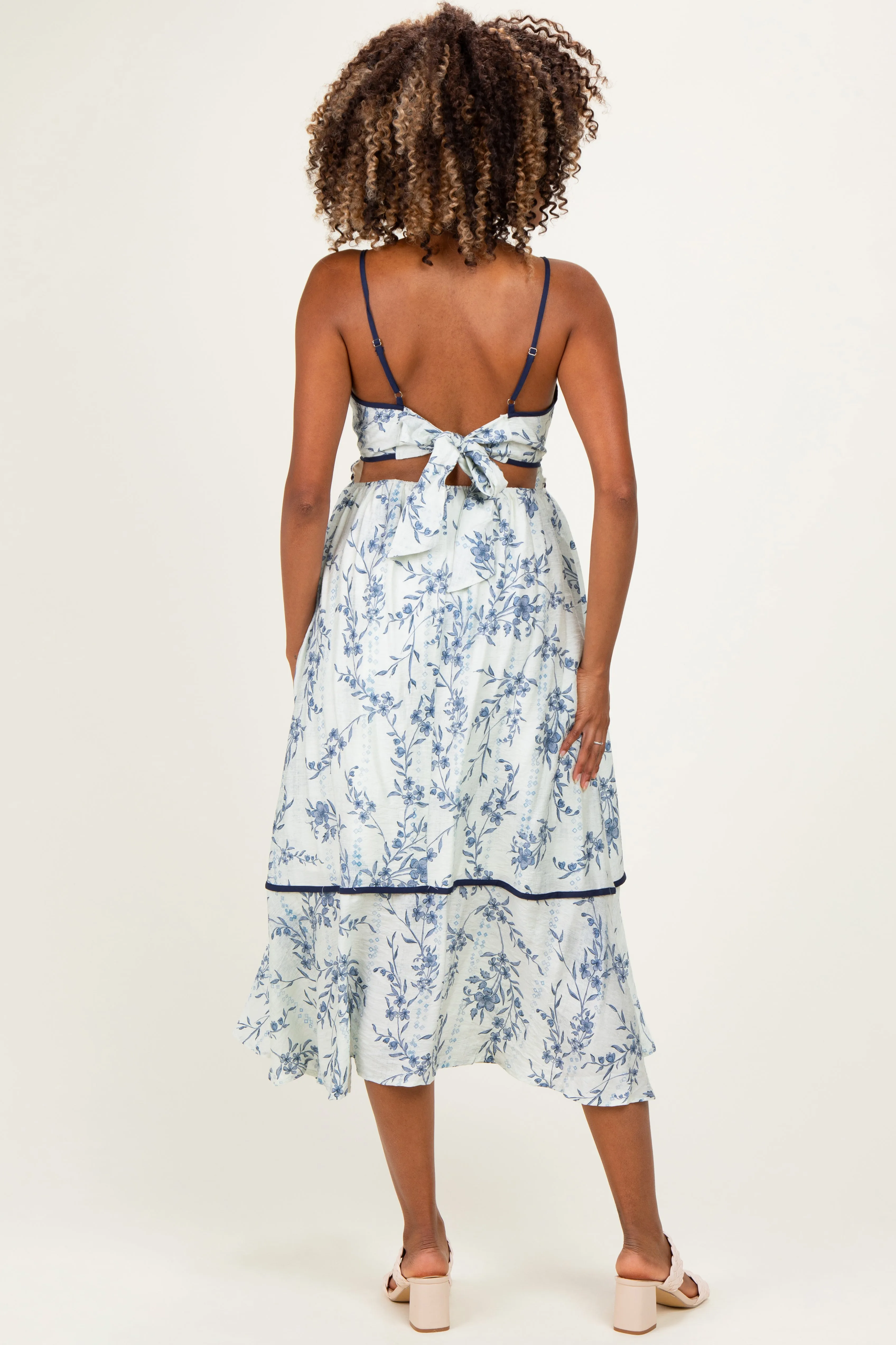 Blue Floral Cutout Tie Back Maternity Midi Dress sold by Pinkblush product image thumbnail 2